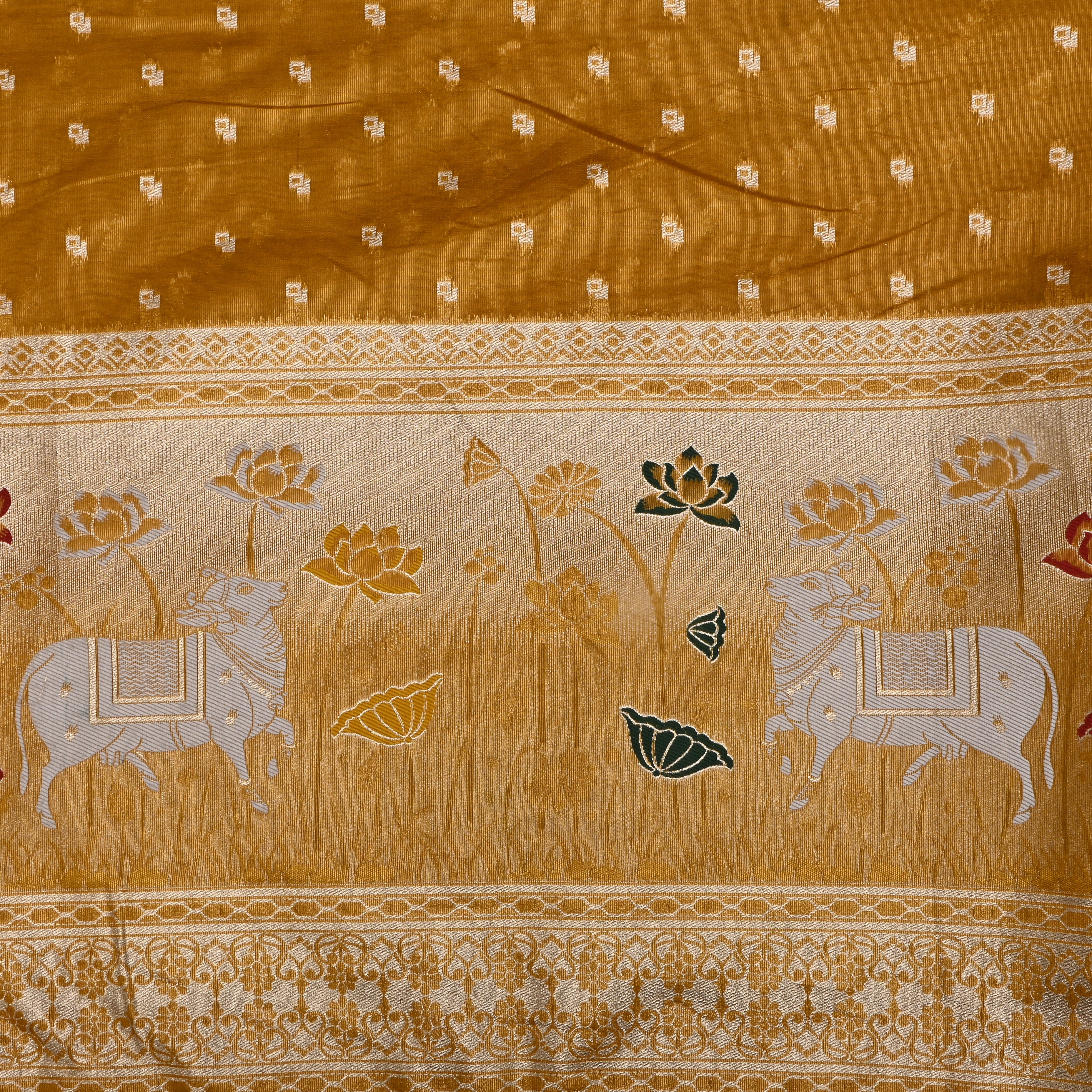 Gold Dola Silk Fabric With Pichwai Border
