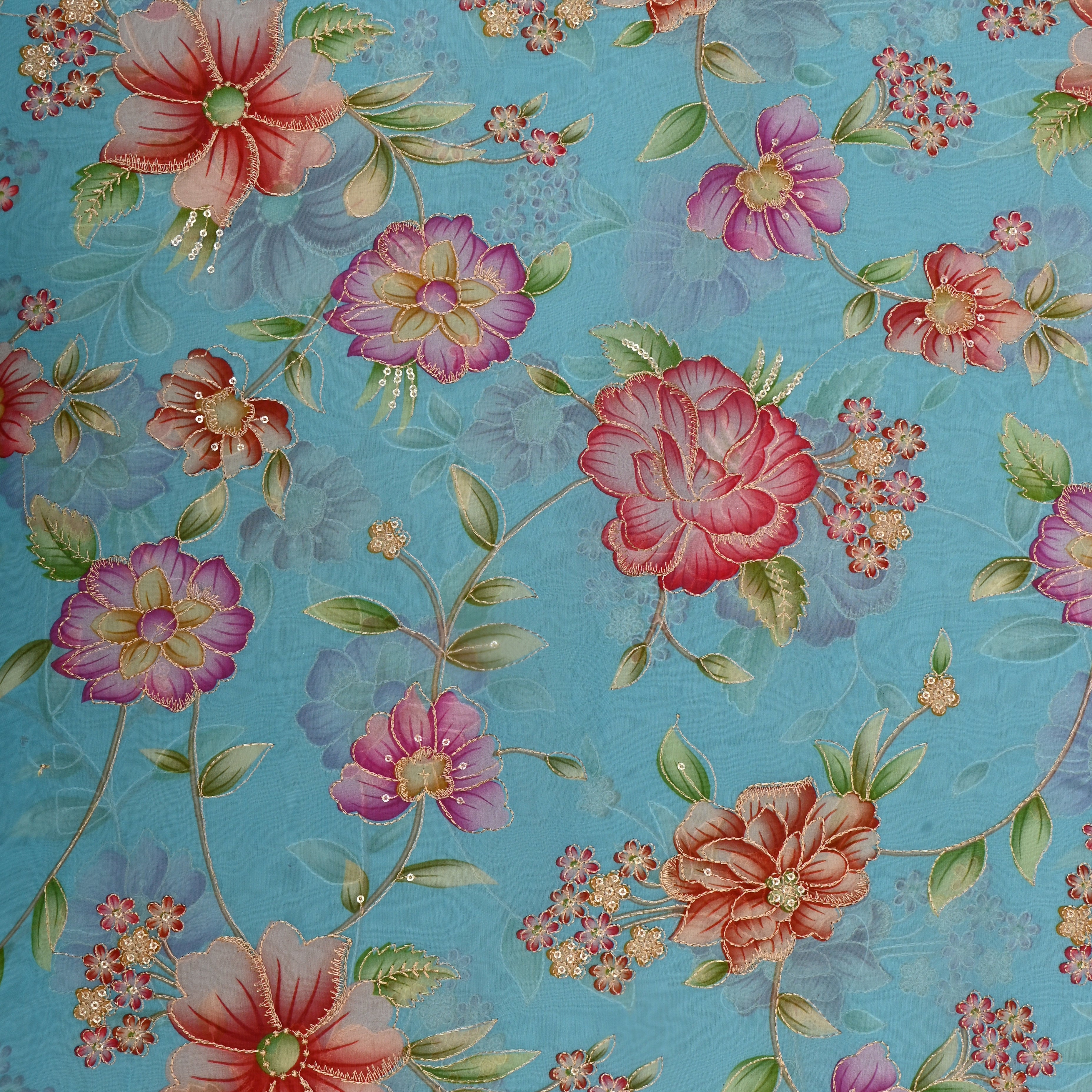 Sky Blue Organza Fabric With Printed Embroidery