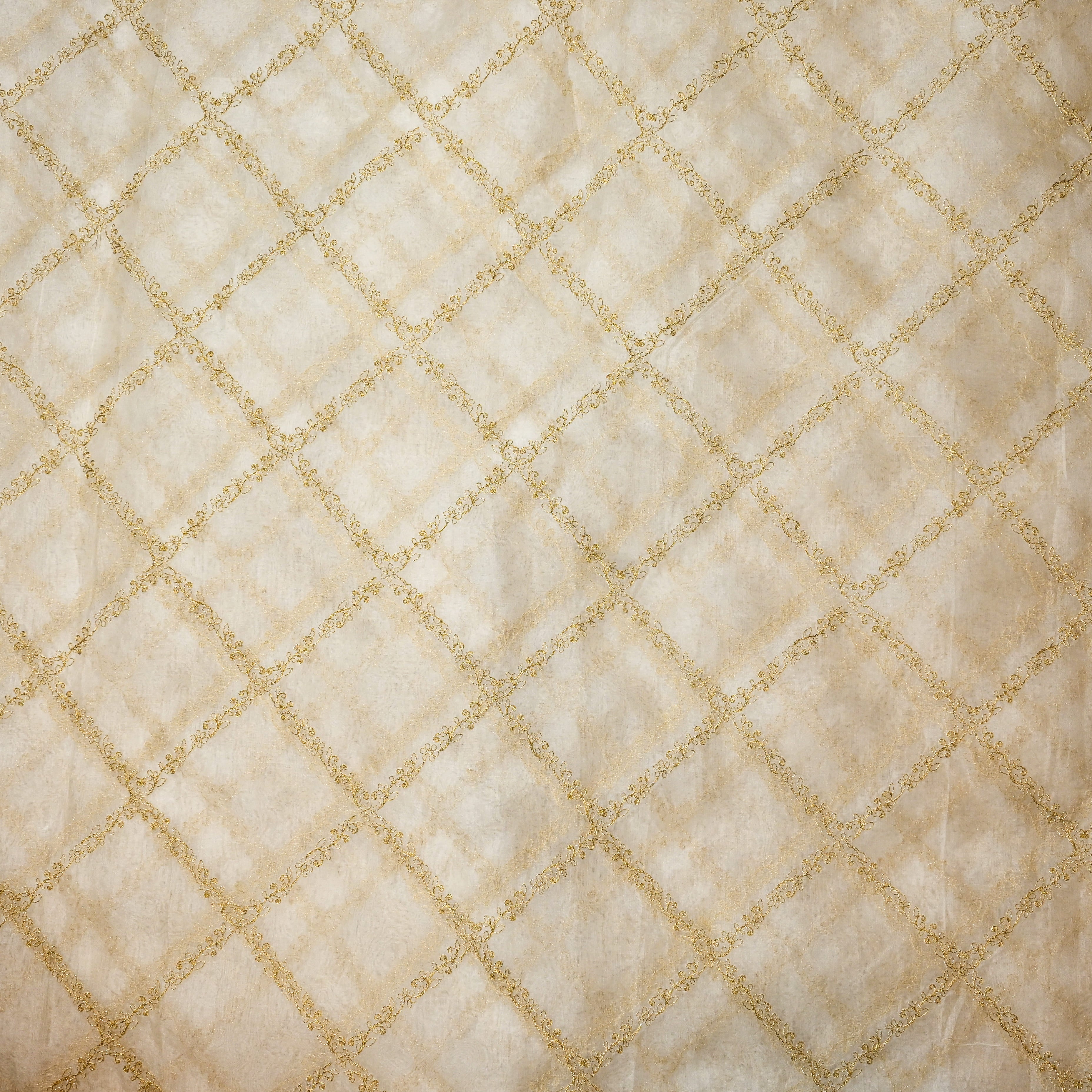 Off-White Organza Fabric With Golden Stripes