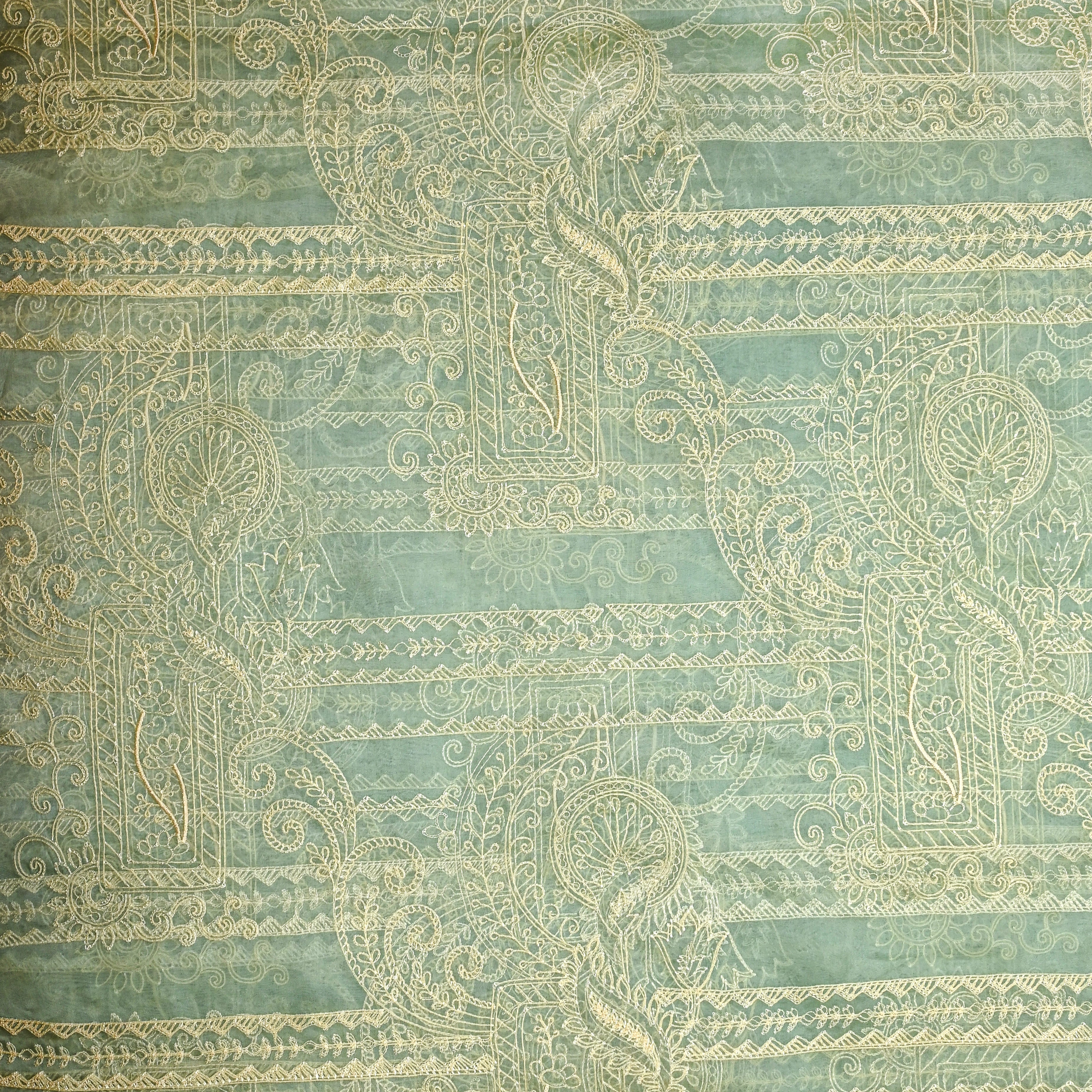 Verdigris Green Organga Fabric With Embroidery