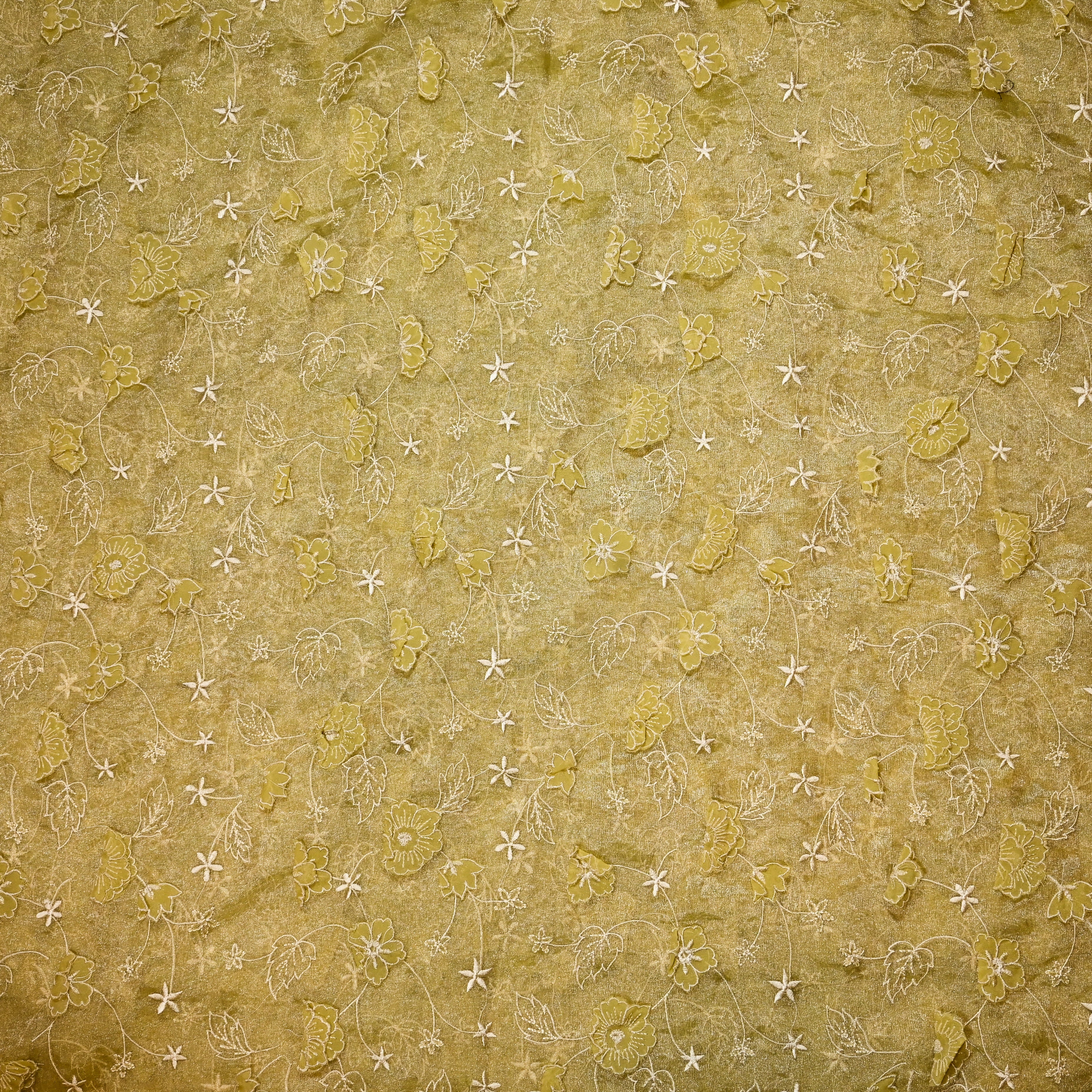 Lemon Yellow Tissue Organza Fabric With 3D Embroidery