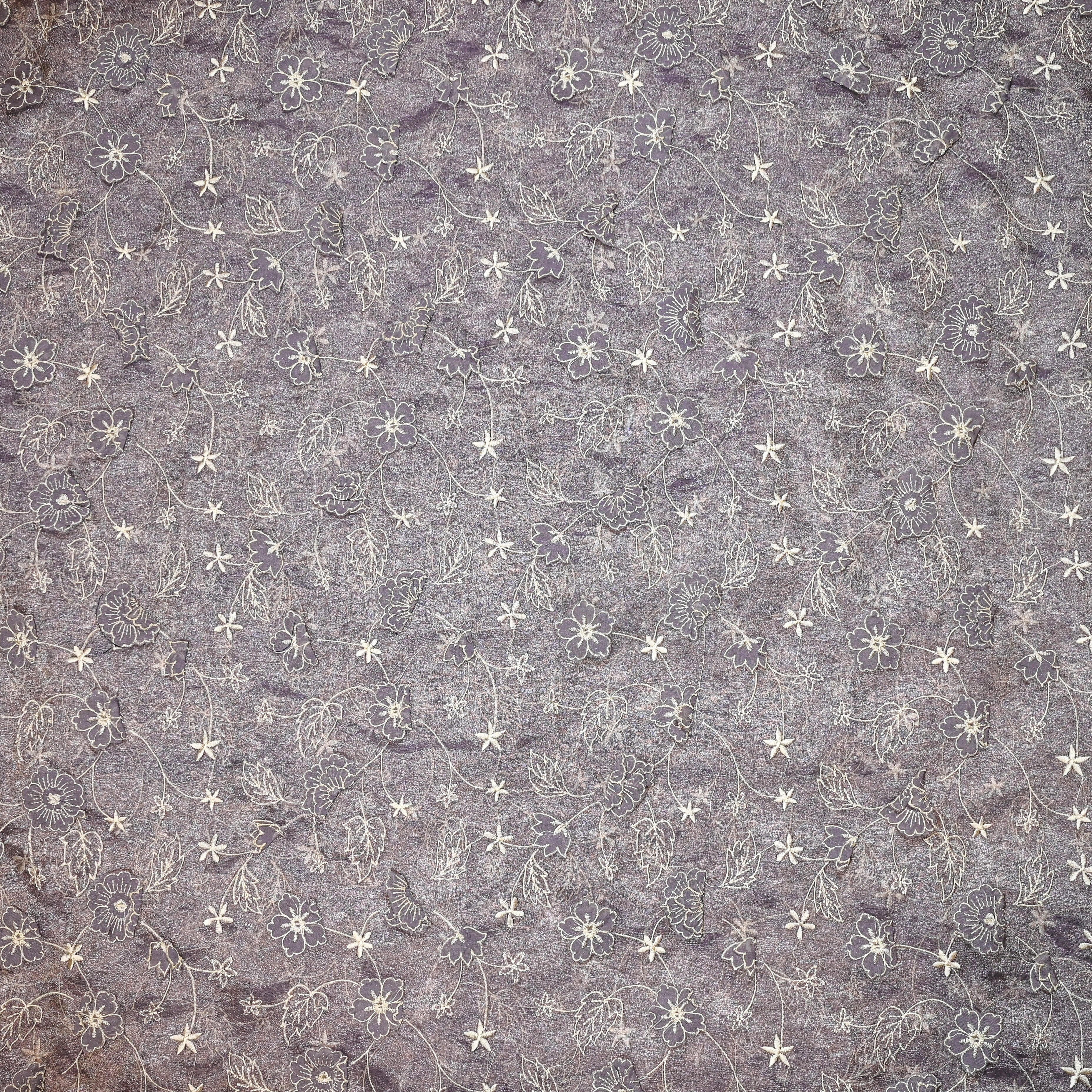 Grey Tissue Organza Fabric With 3D Embroidery