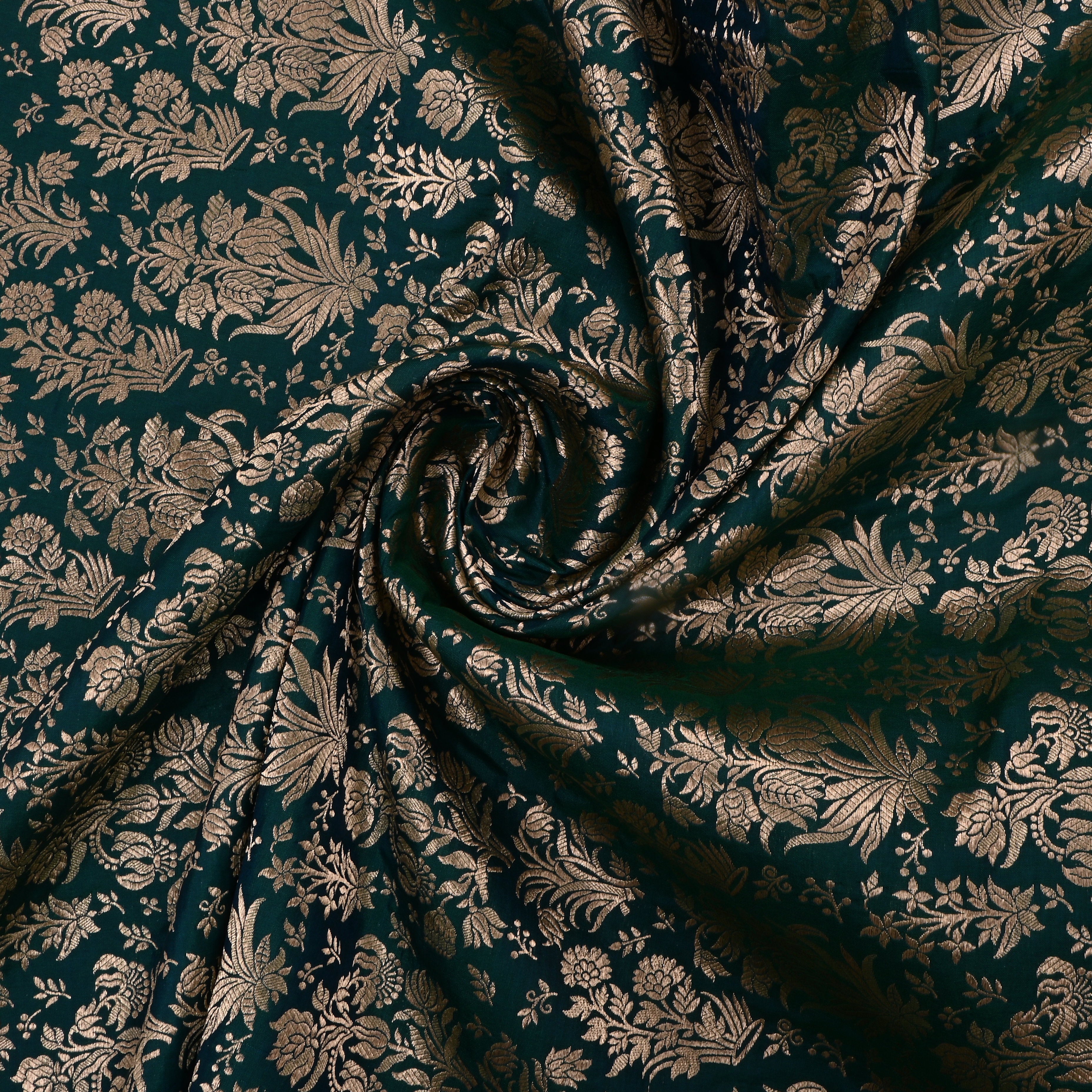 Gable Green Jamawar Silk Fabric With Floral Design