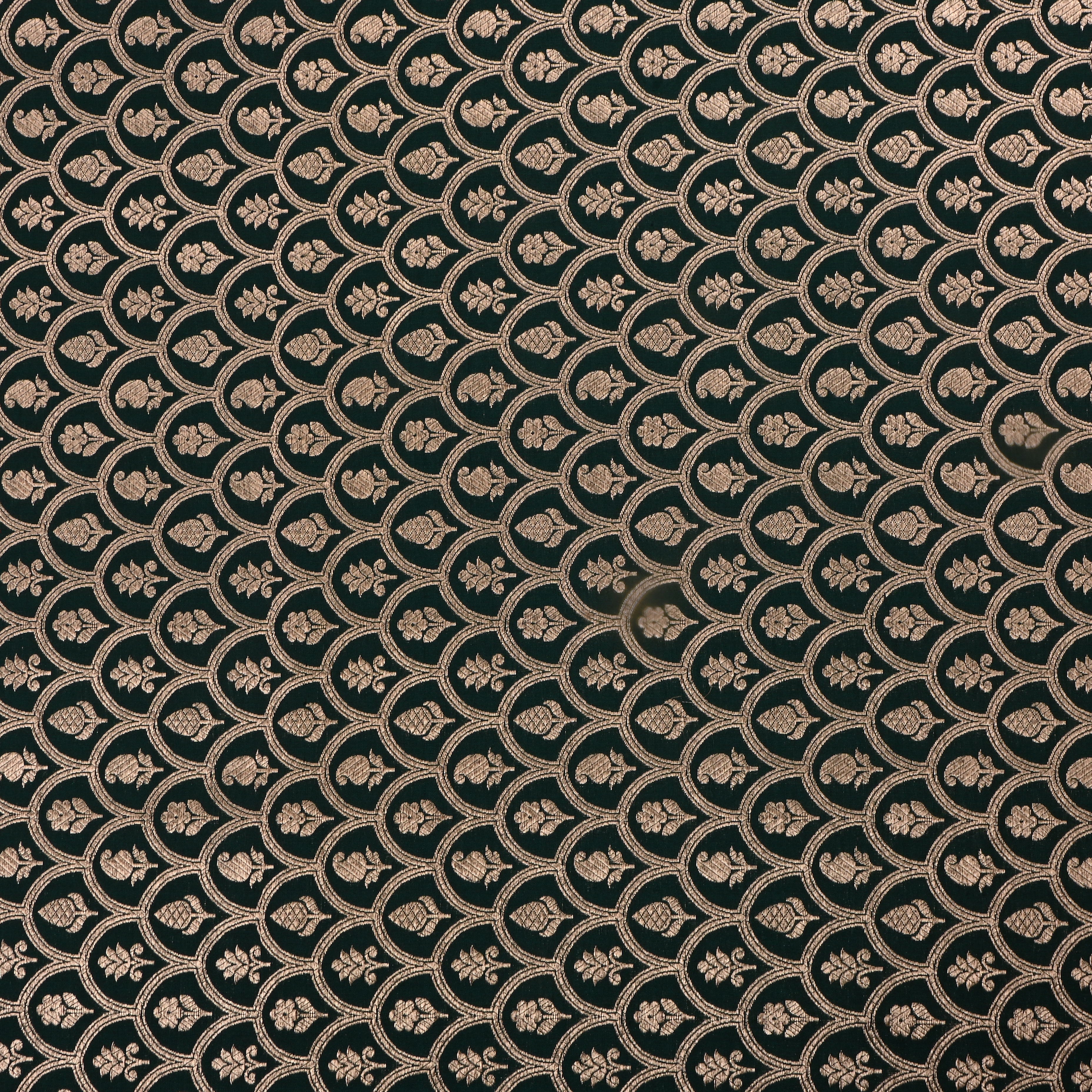 Bottle Green Jamawar Silk Fabric With Scallop Design