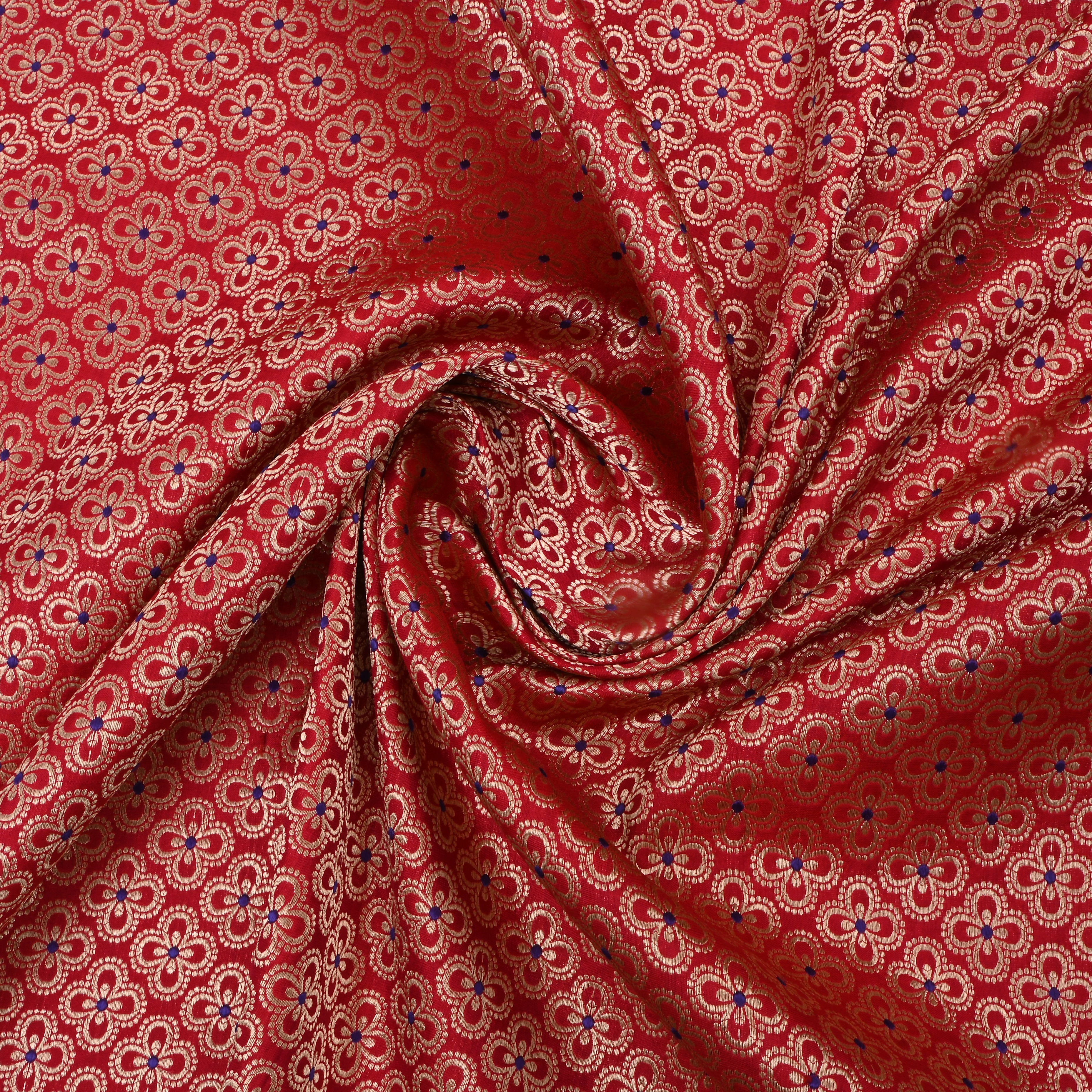Cornell Red Jamawar Silk Fabric With Floral Patterns