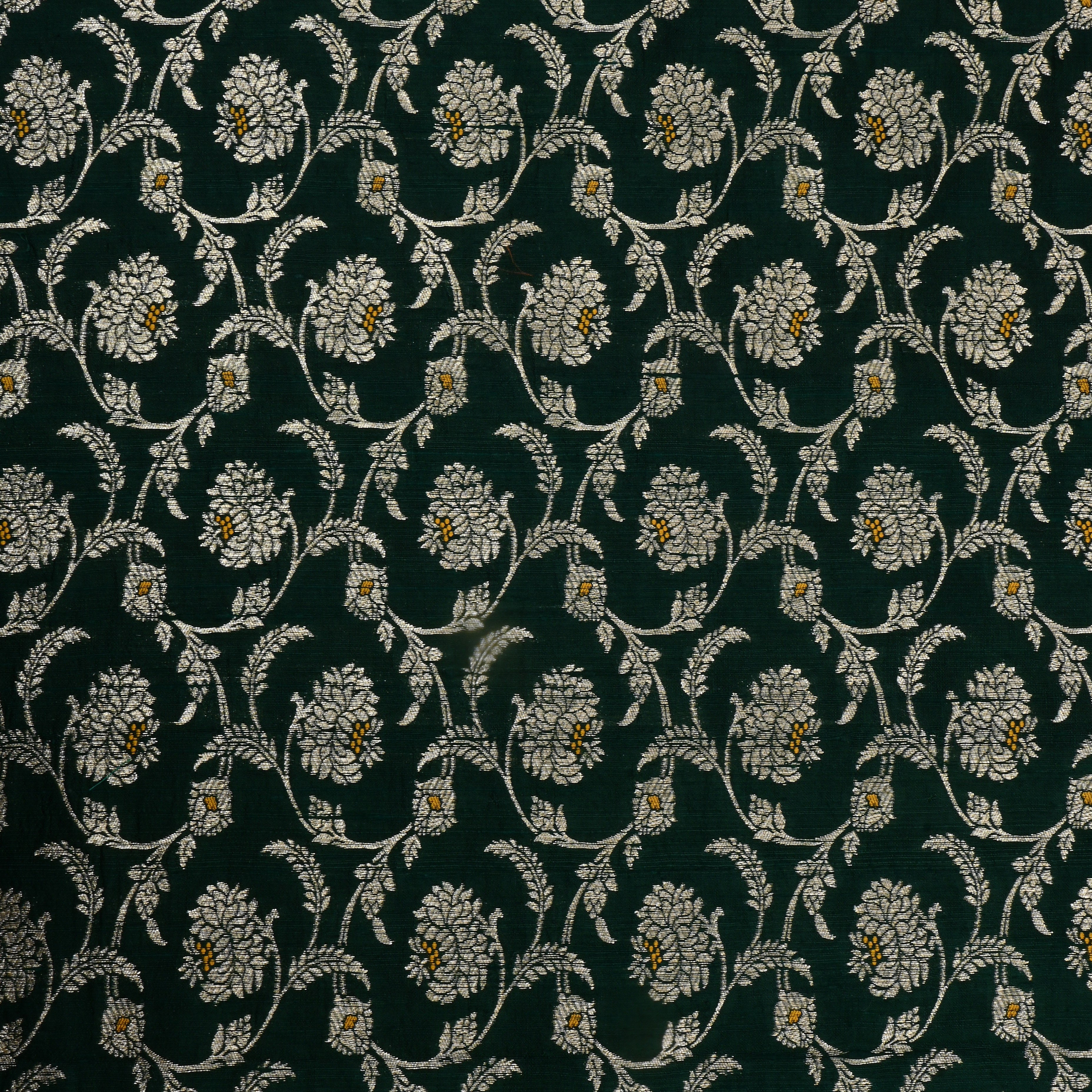 Dark Jungle Green Jamawar Dupion Fabric With Jaal