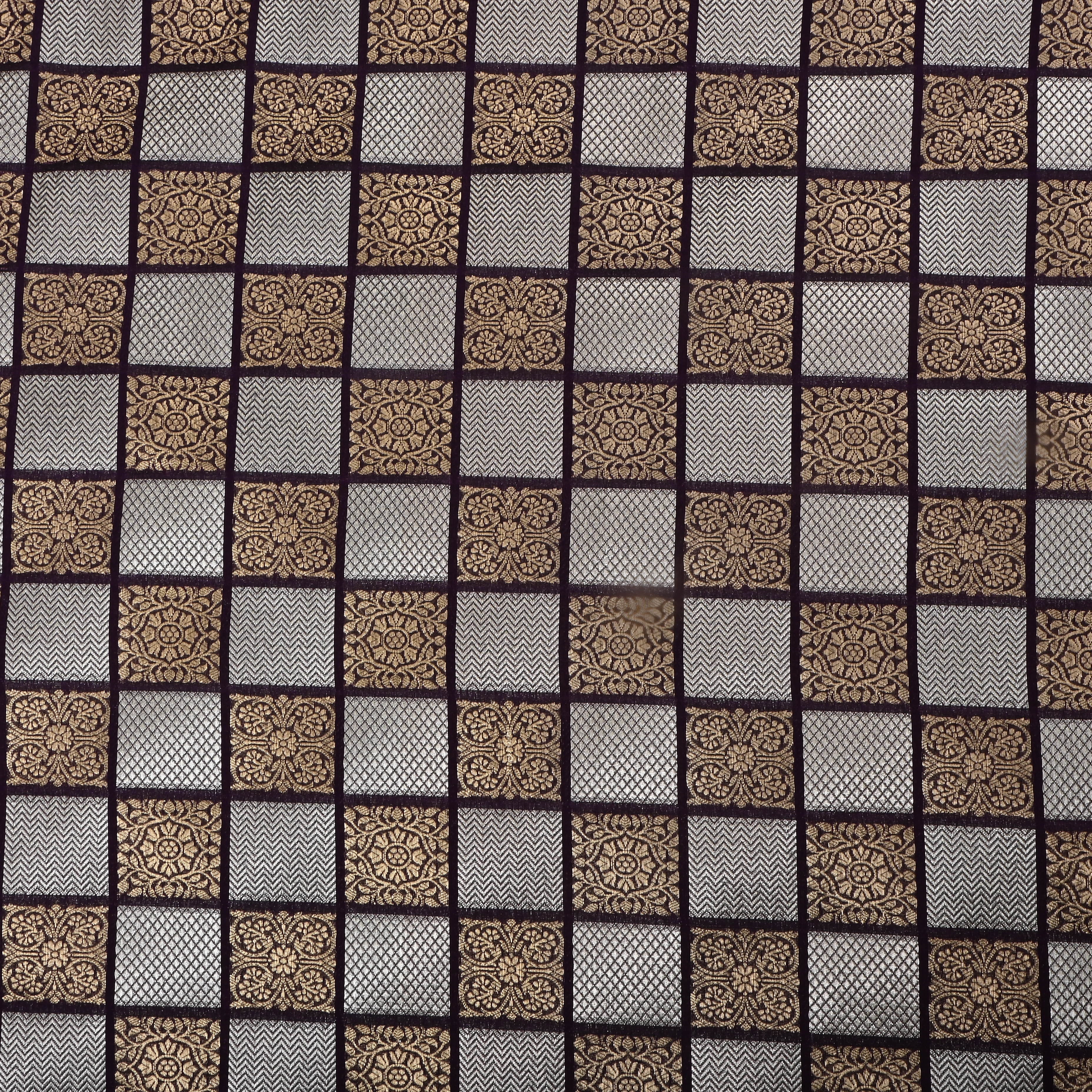 Black Jamawar Silk Fabric With Checked Pattern