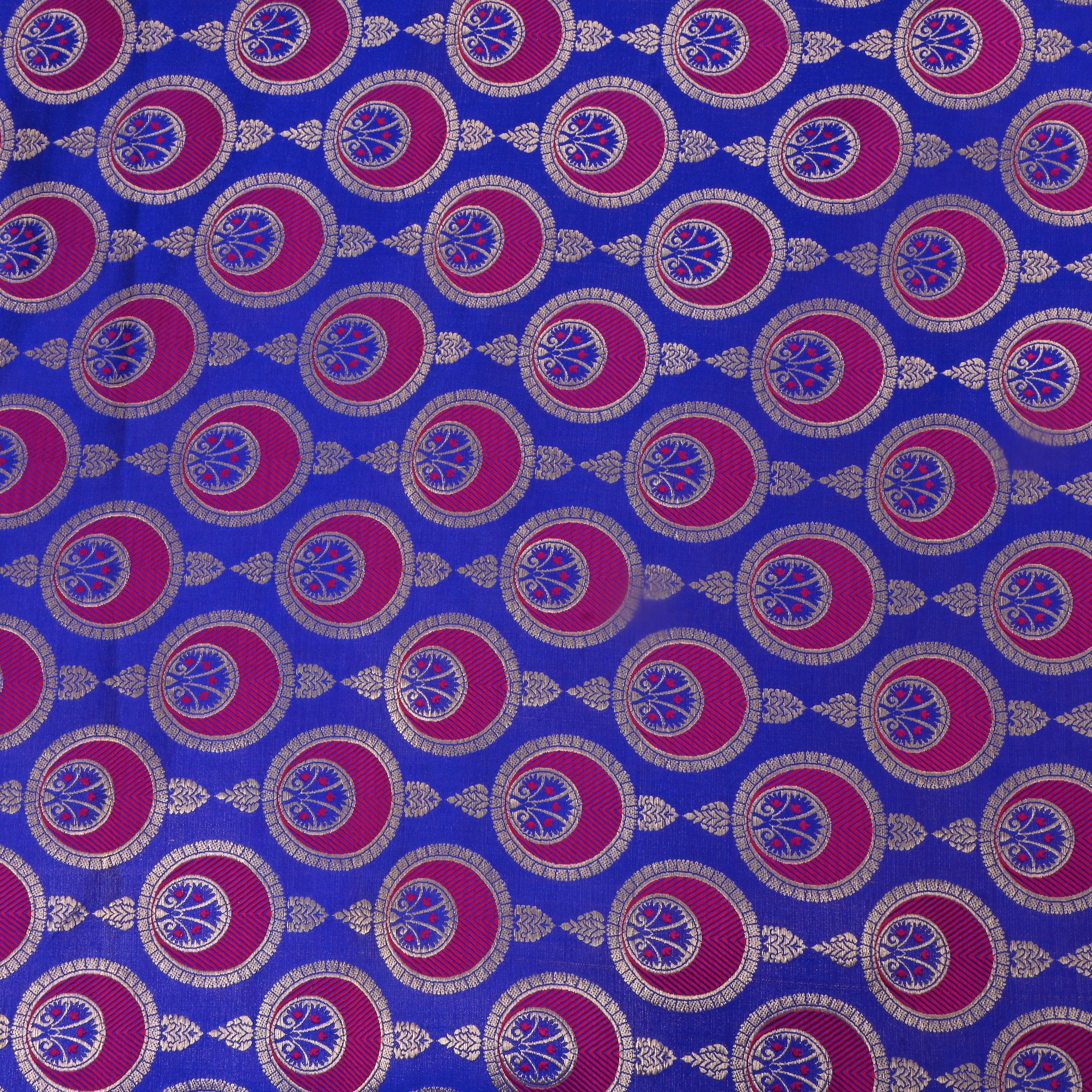 Cobalt Blue Jamawar Satin Fabric With Geometrical Motifs