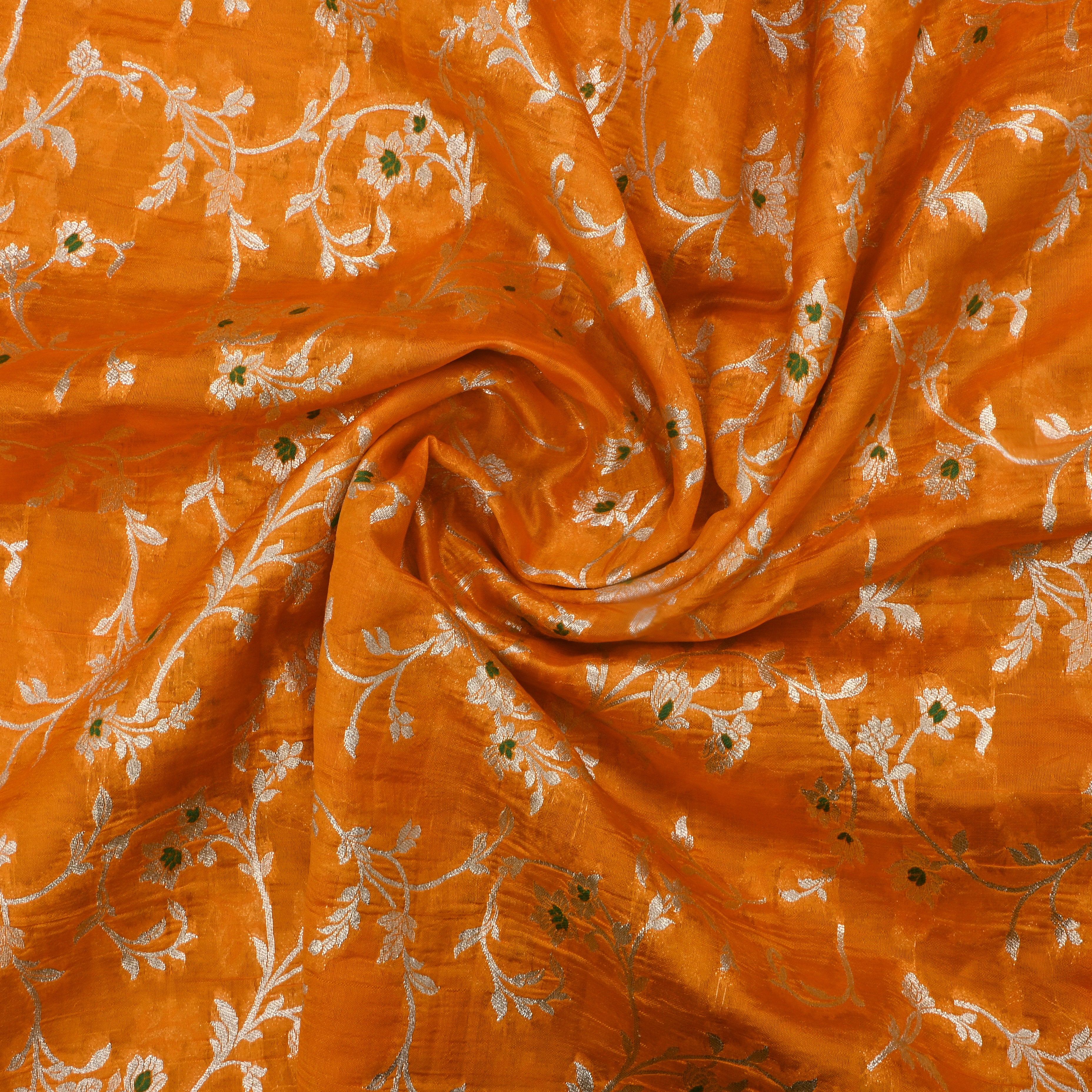 Pumpkin Orange Jamawar Silk Fabric With Floral Design