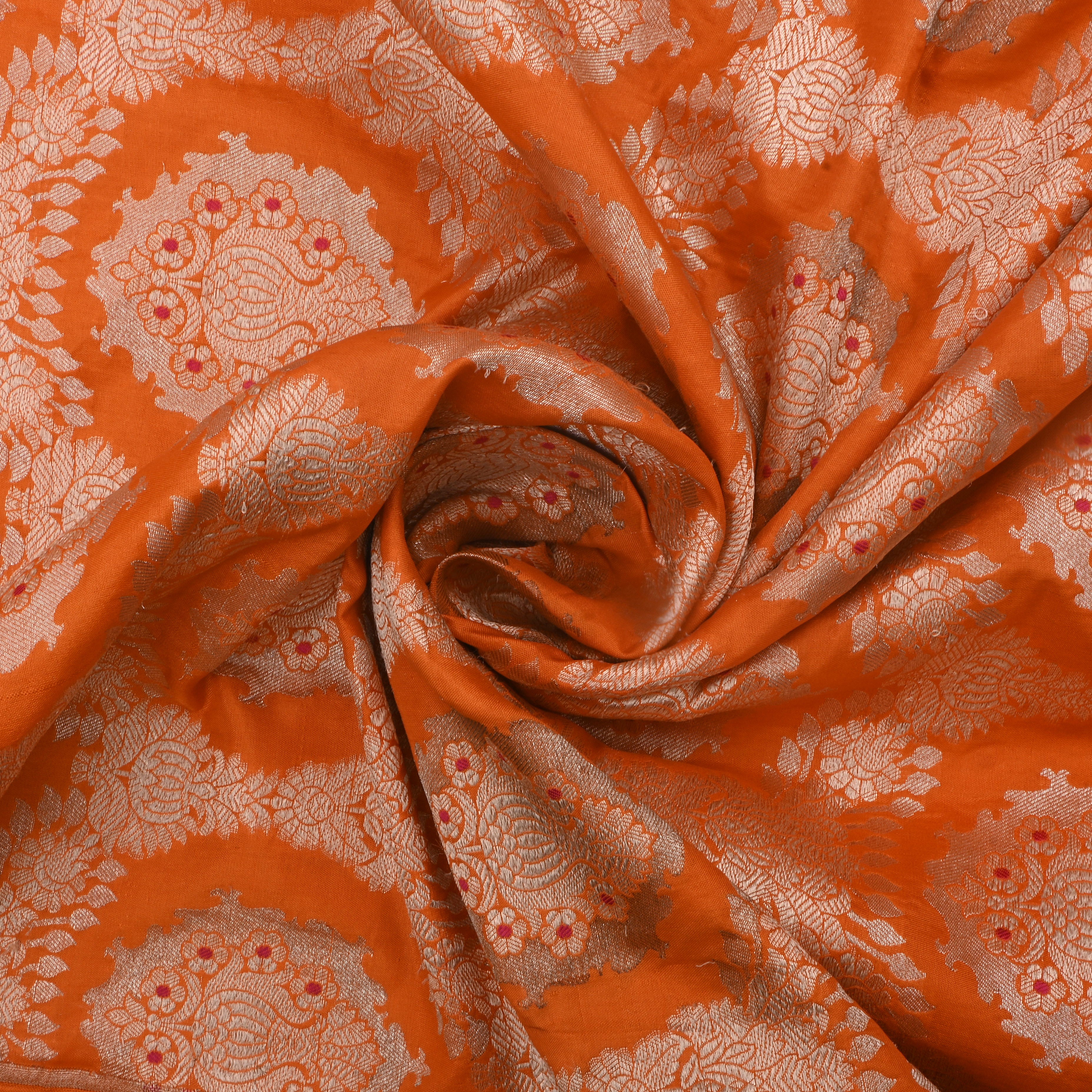 Orange Jamawar Silk Fabric With Geometric Design