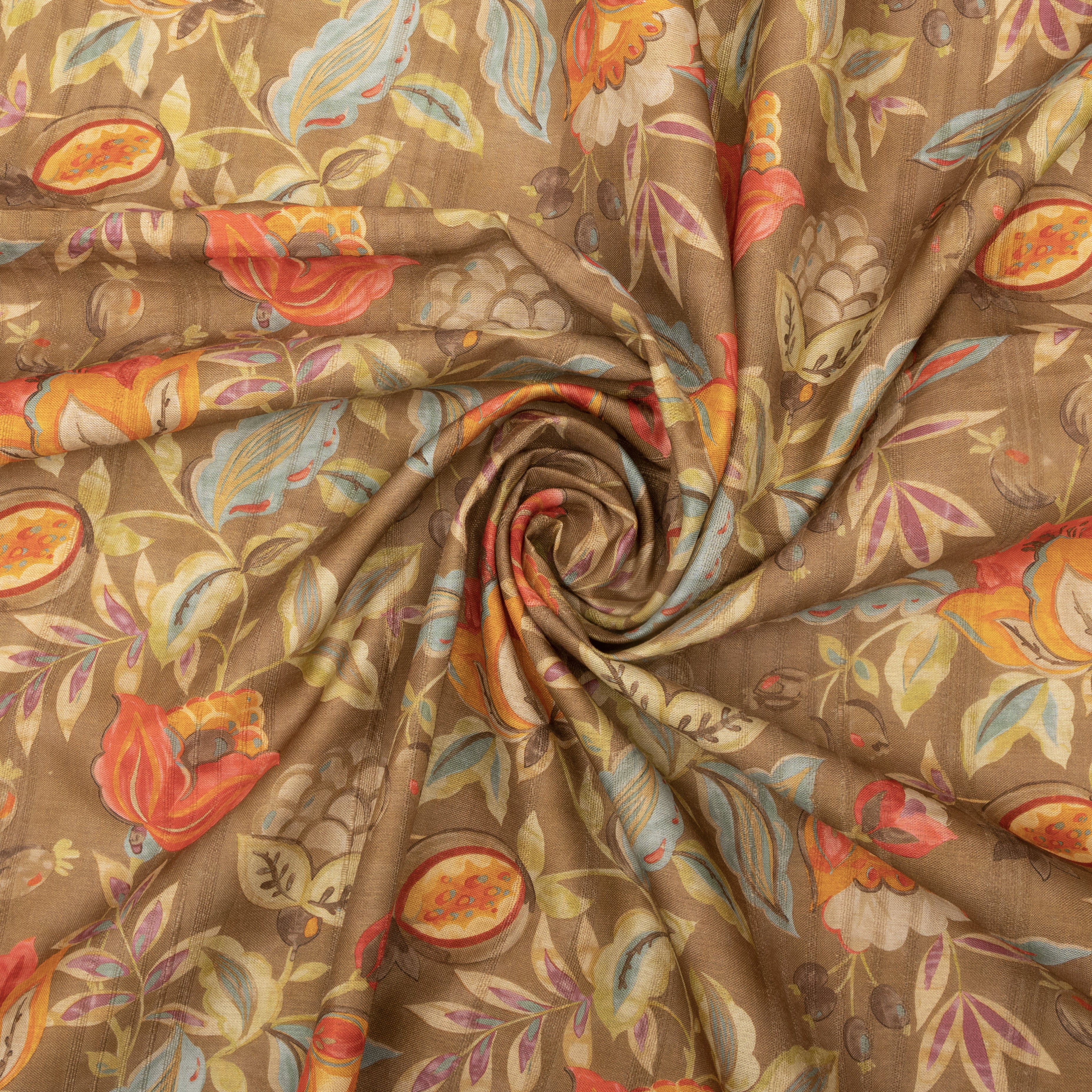 Sand Yellow Tussar Fabric With Floral Prints