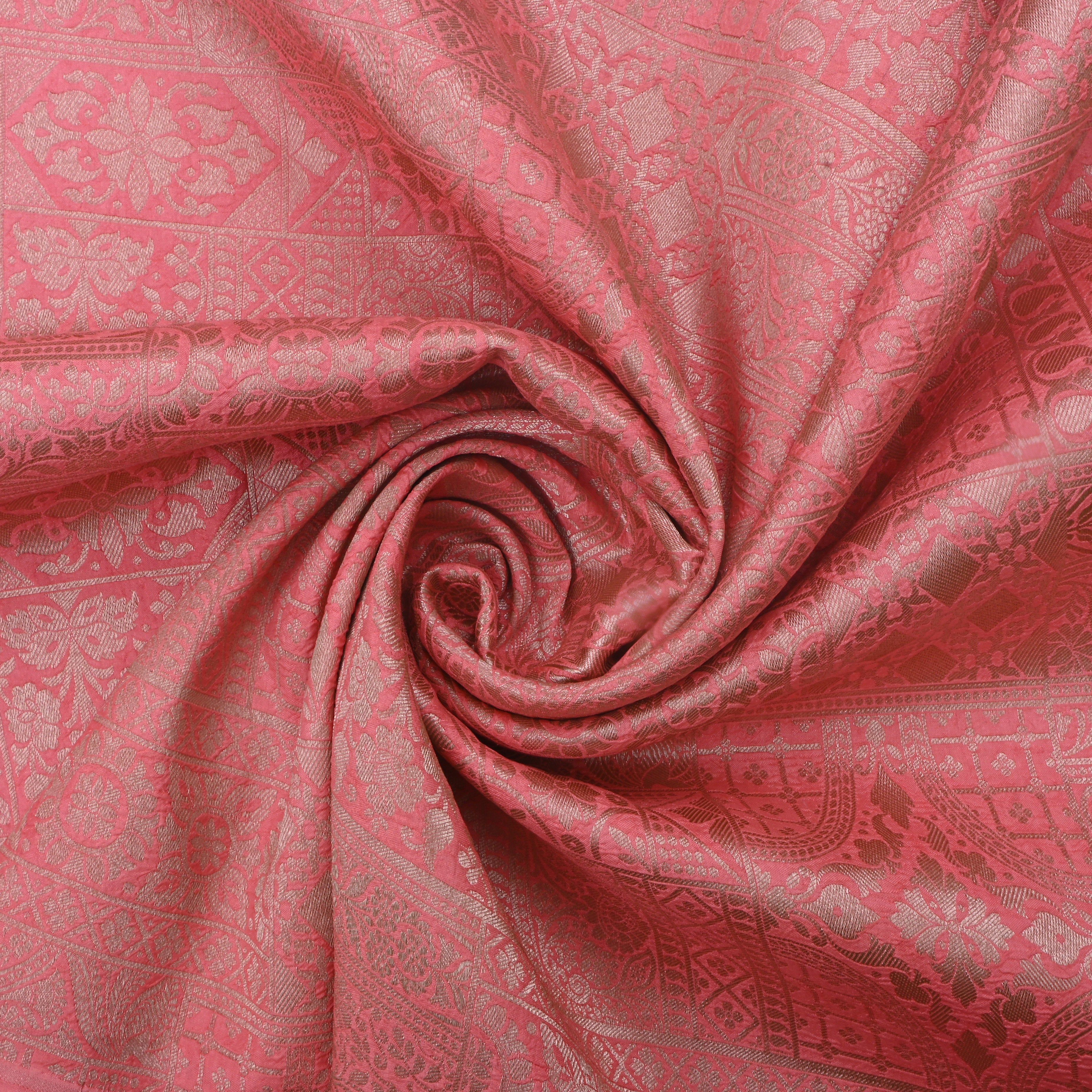 Light Carmine Pink Jamawar Silk Fabric With Woven Design