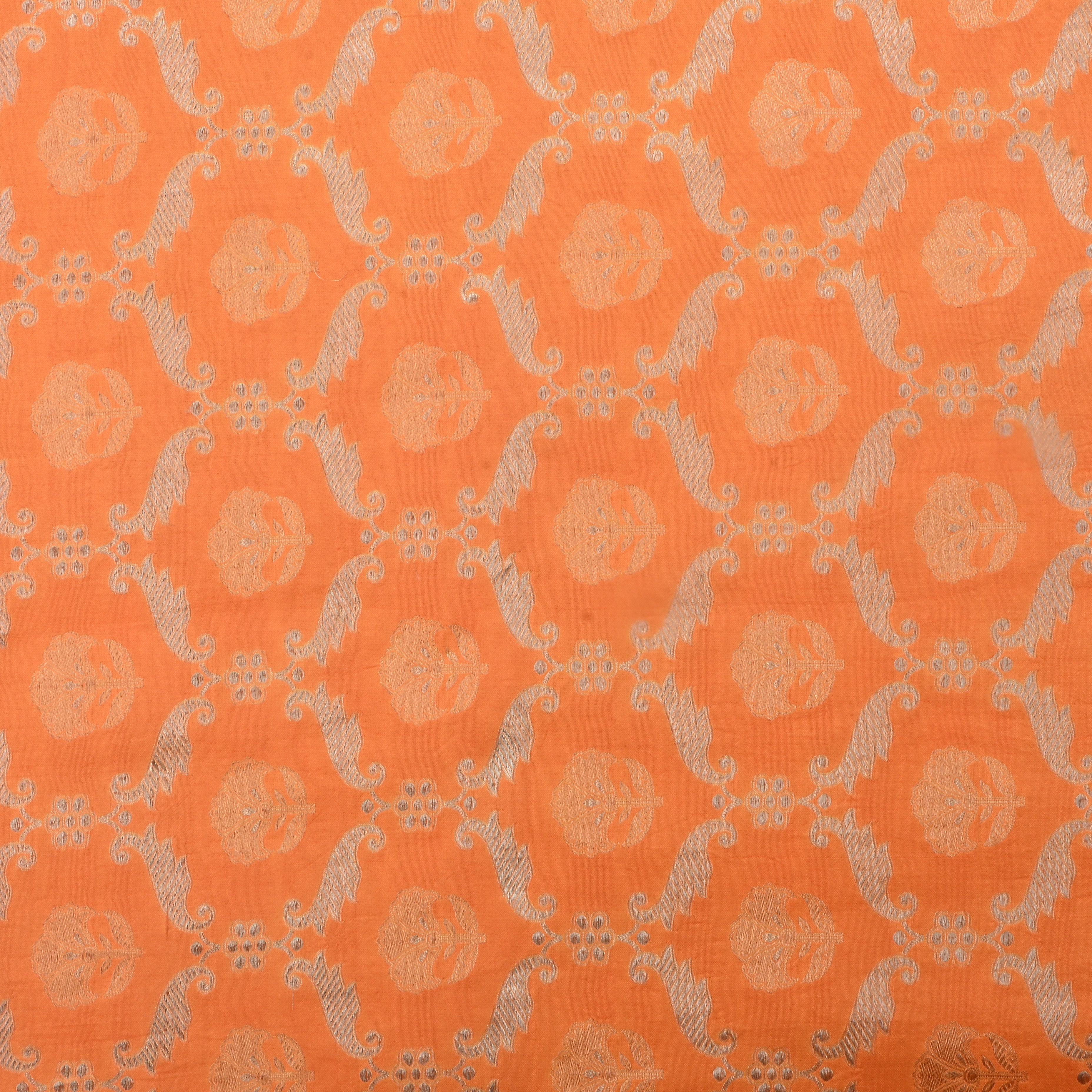 Orange Jamawar Silk Fabric With Floral Patterns