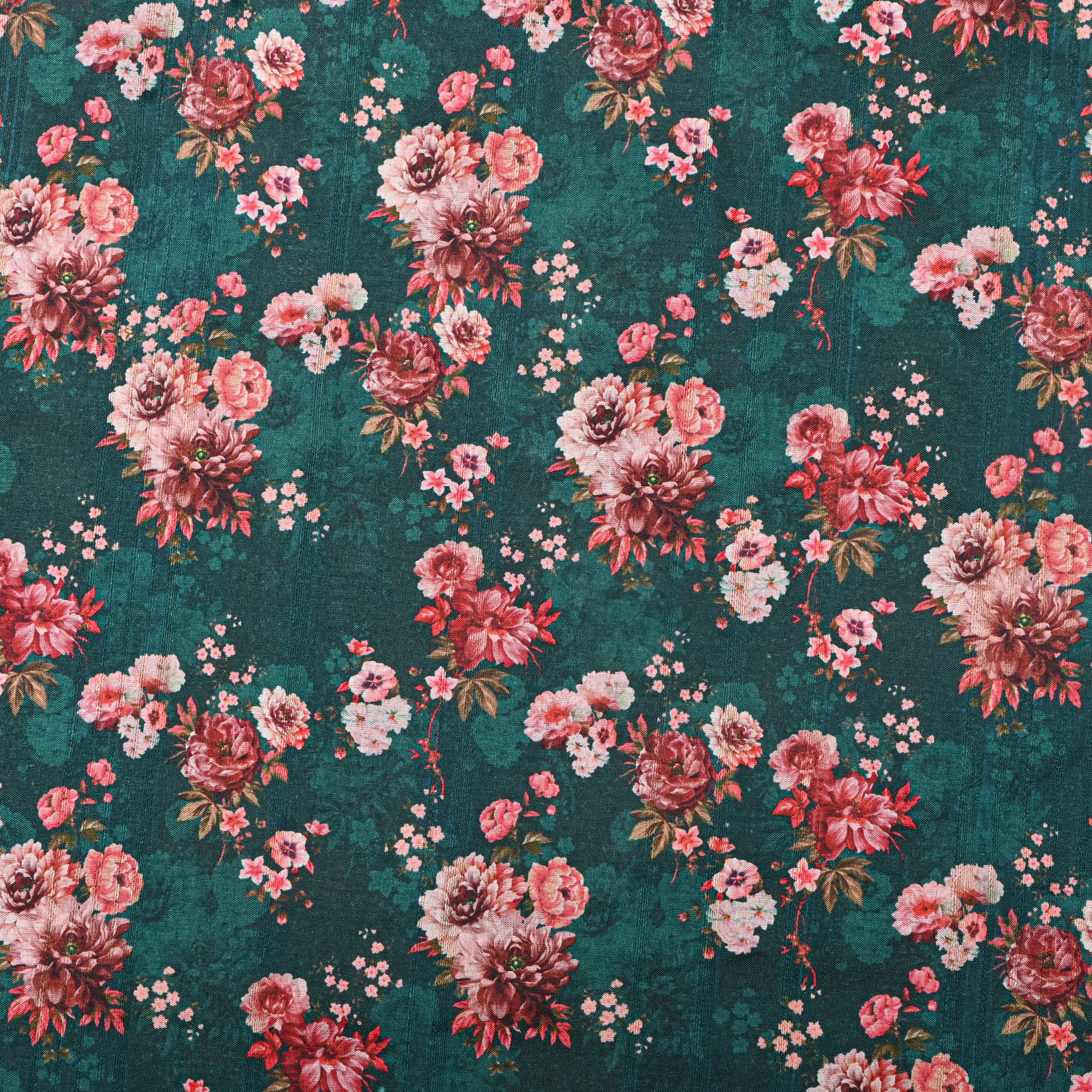 Teal Green Tussar Fabric With Floral Prints