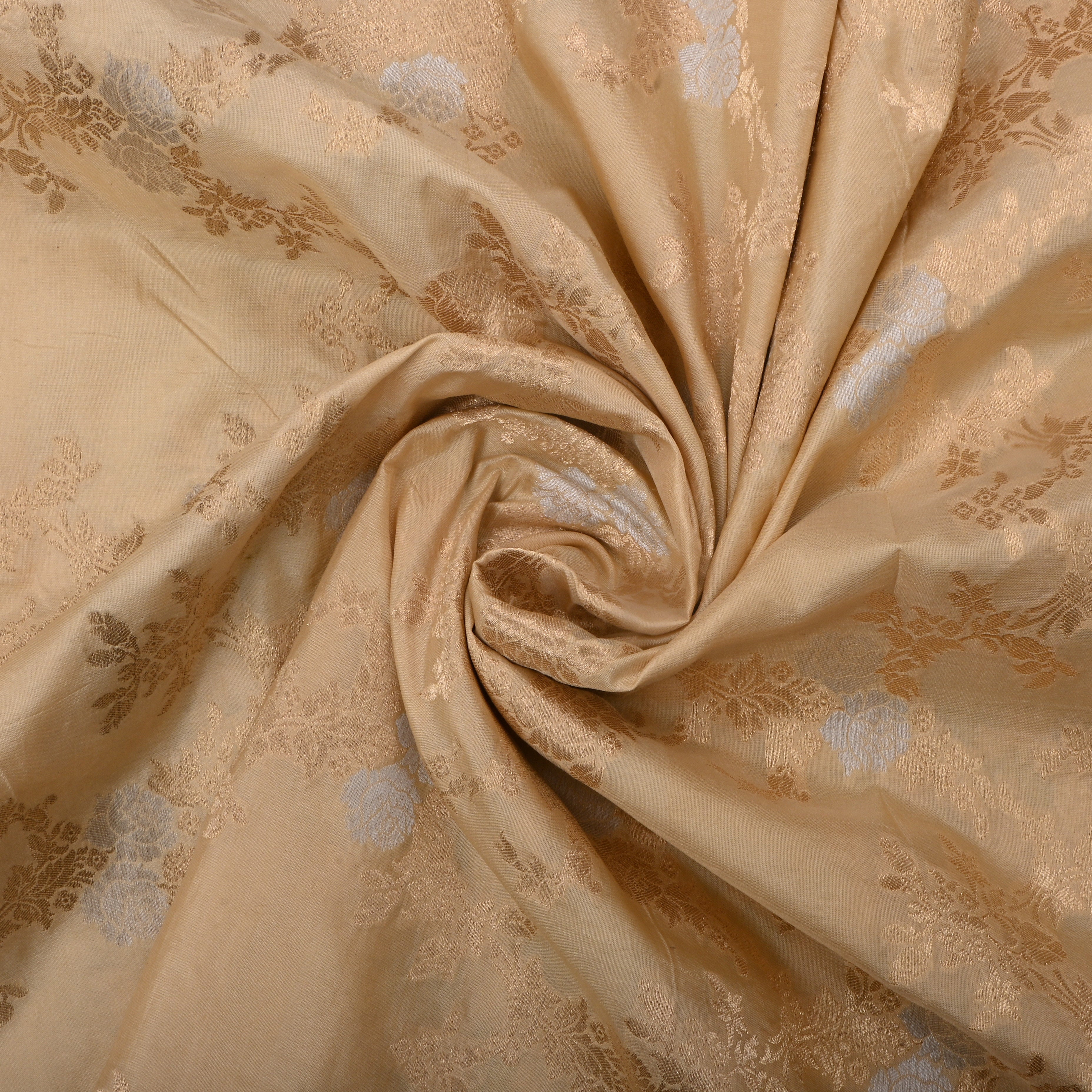 Buttercream Beige Jamawar Silk Fabric With Floral Jaal