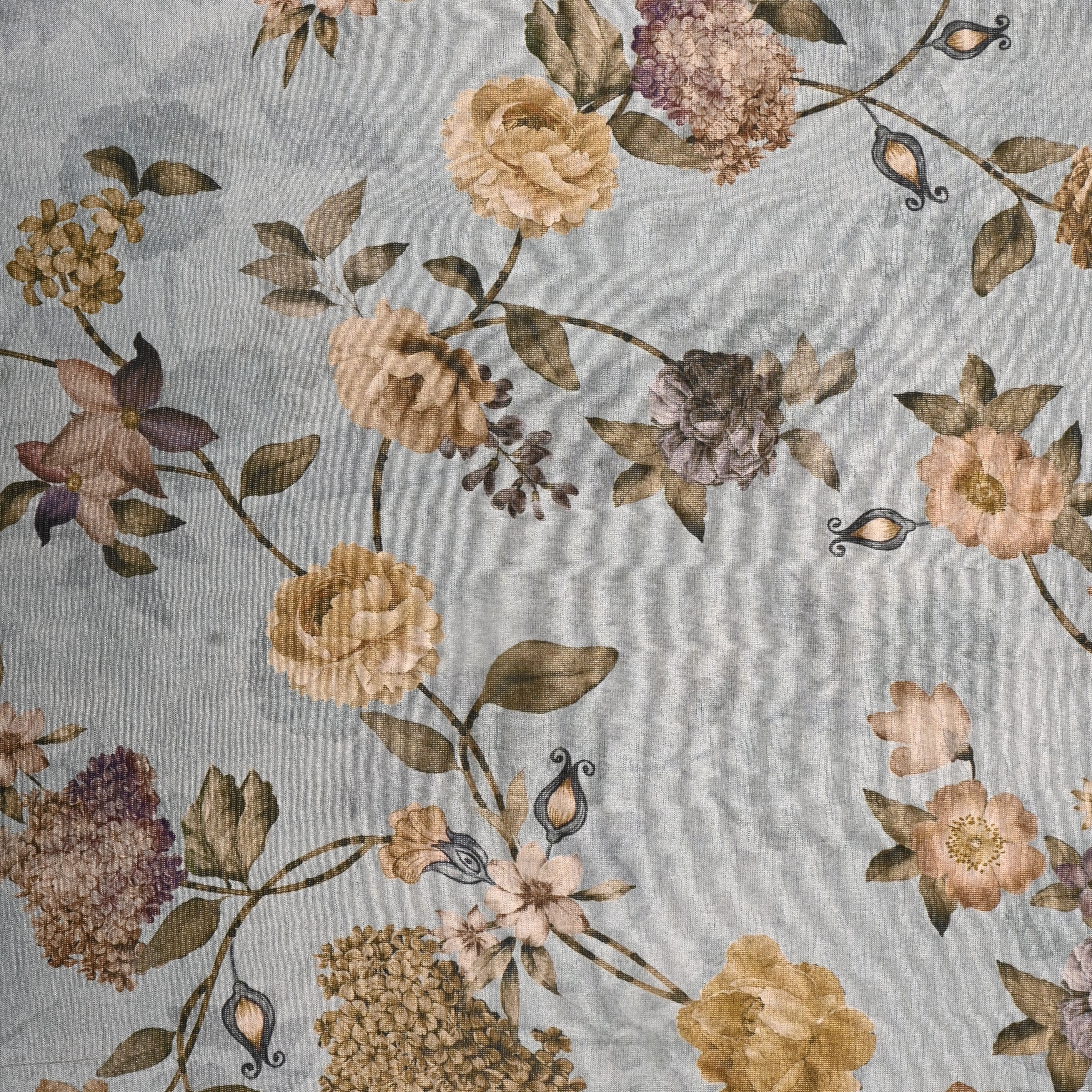 Grey Tissue Fabric With Floral Prints