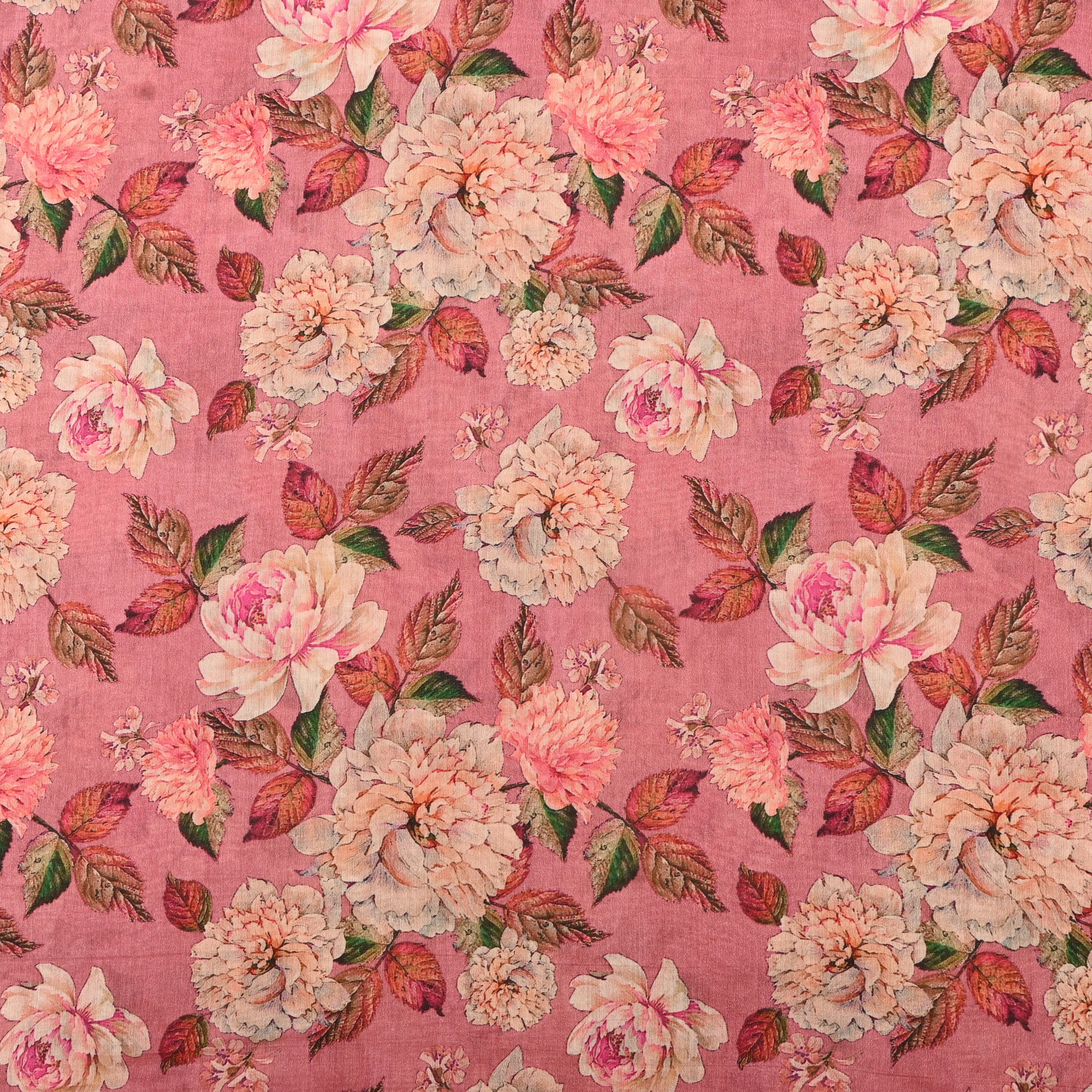 Salmon Pink Silk Fabric With Floral Prints