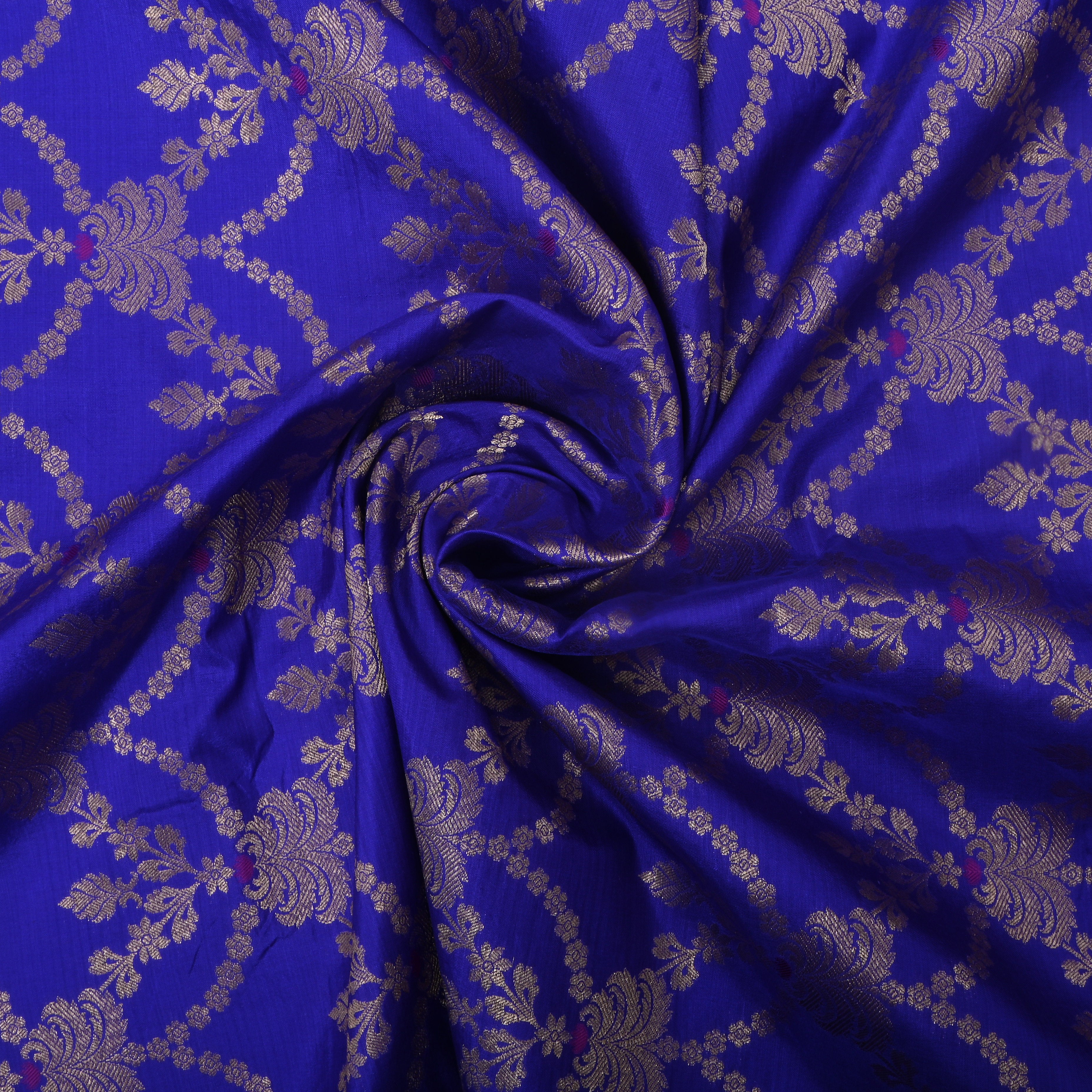 Sapphire Blue Jamawar Silk Fabric With Scallop Design