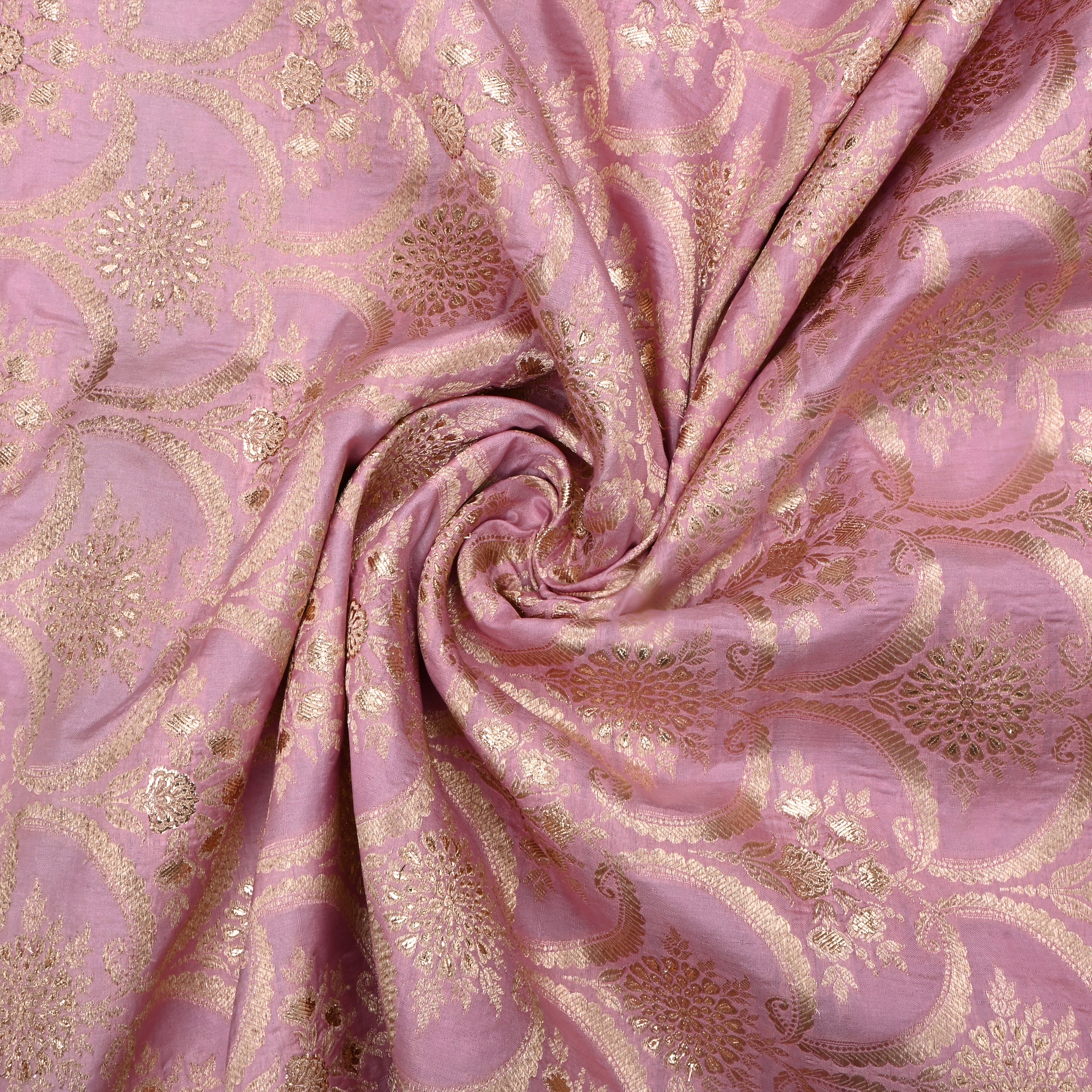 Faded Pink Jamawar Silk Fabric With Scallop Design