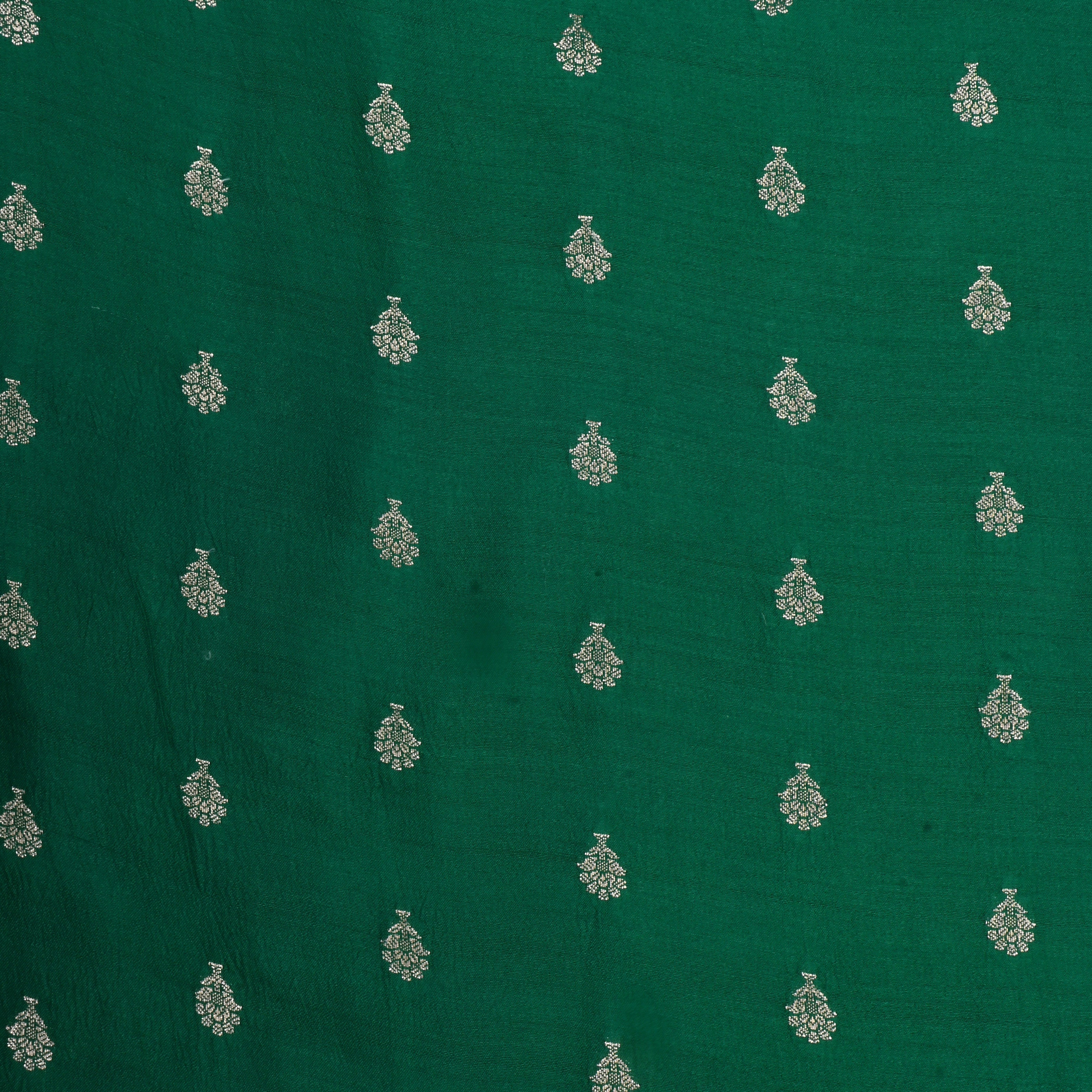 Spruce Green Jamawar Silk Fabric With Floral Butti'S