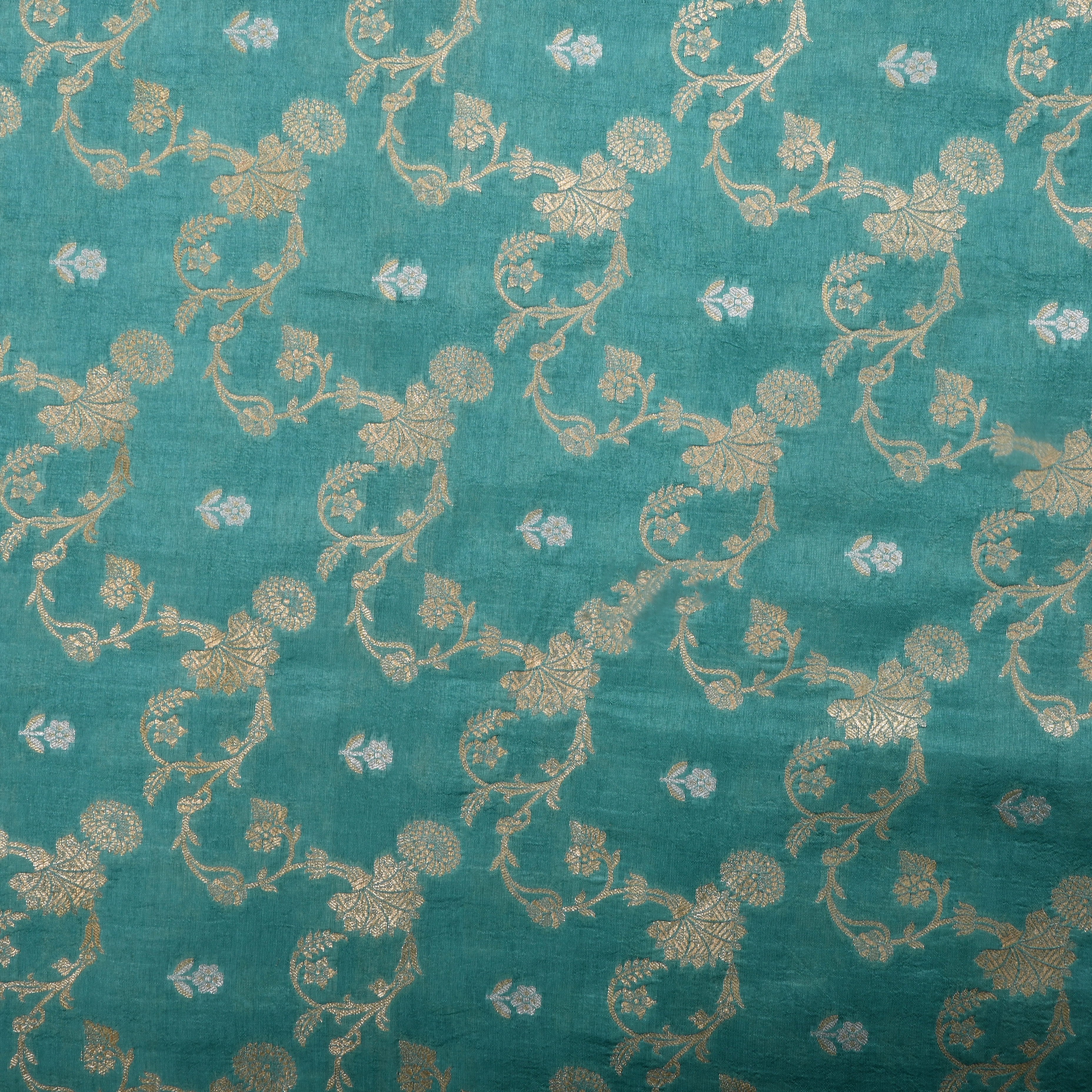 Greenish Blue Jamawar Silk Fabric With Floral Jaal