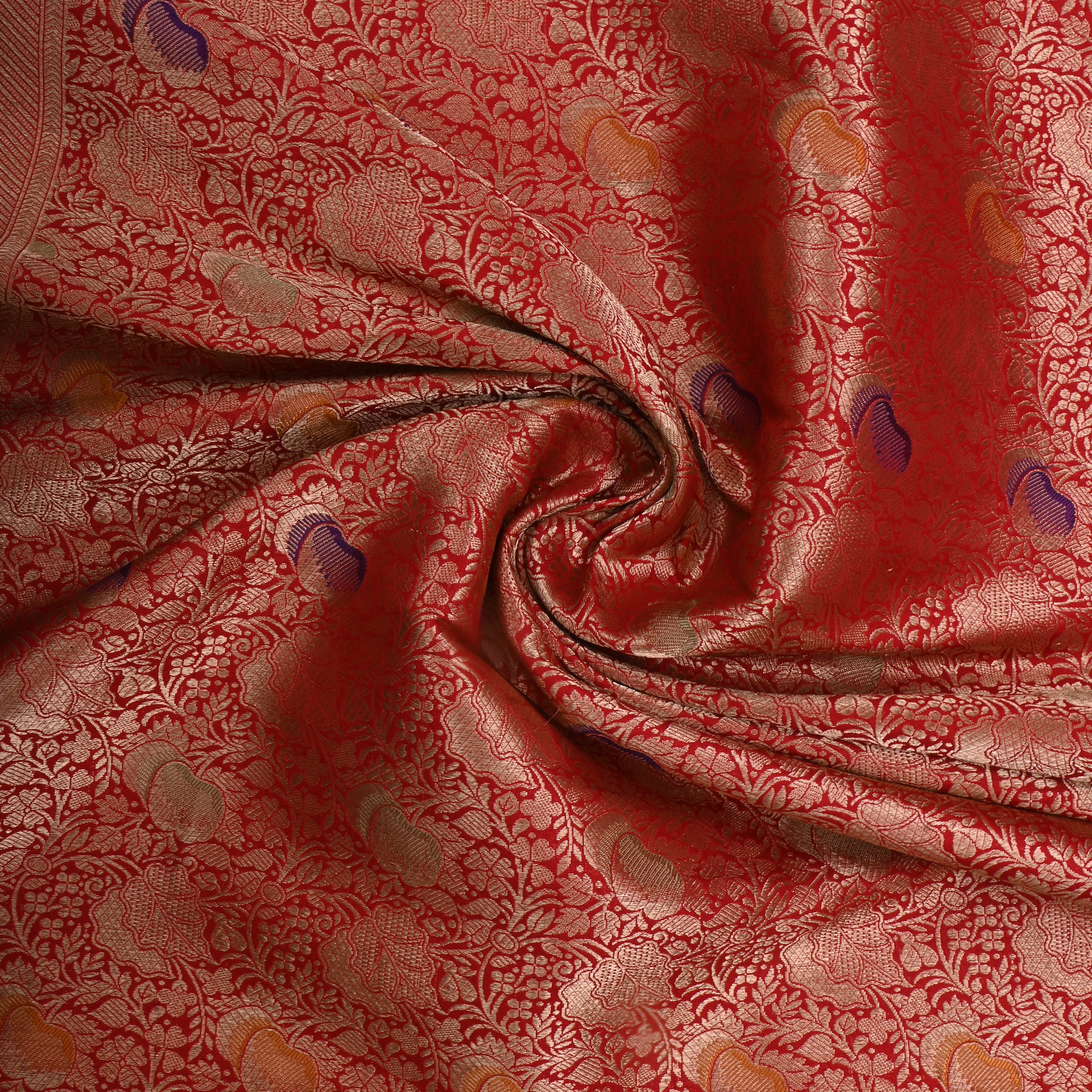 Red Jamawar Silk Fabric With Meenakari Design