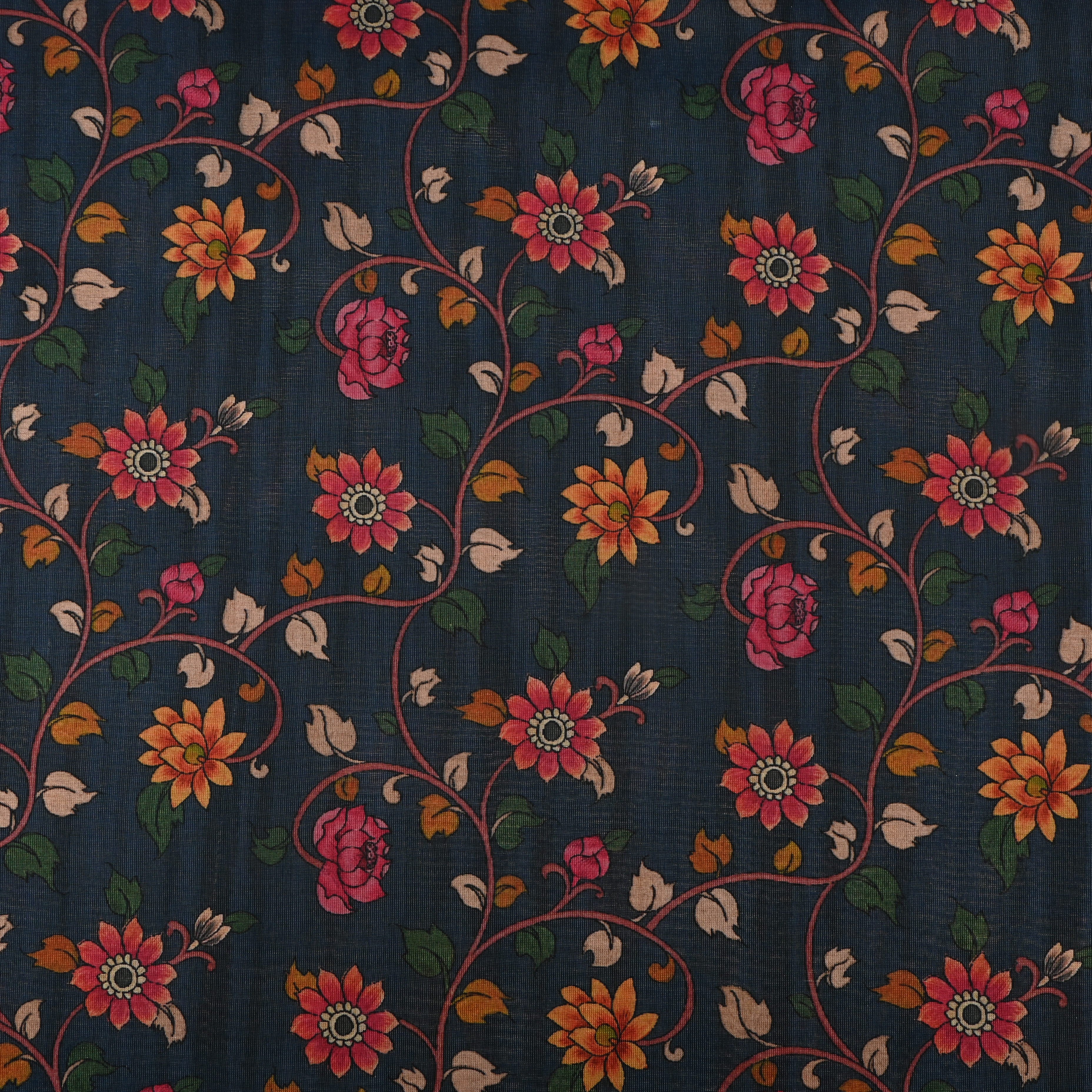 Dark Navy Blue Tissue Fabric With Floral Prints