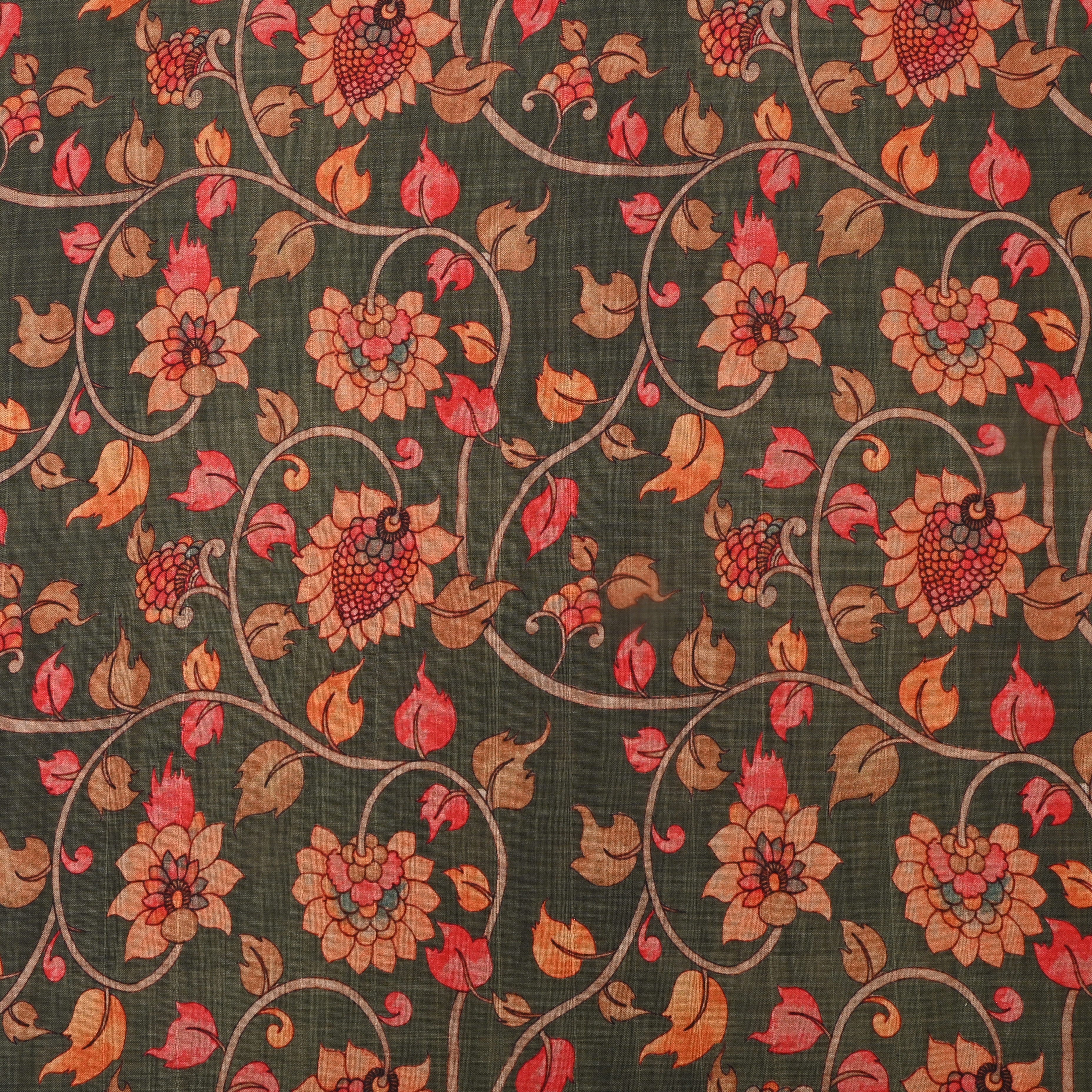 Dark Green Floral Printed Tussar Fabric - 2.6 mtr