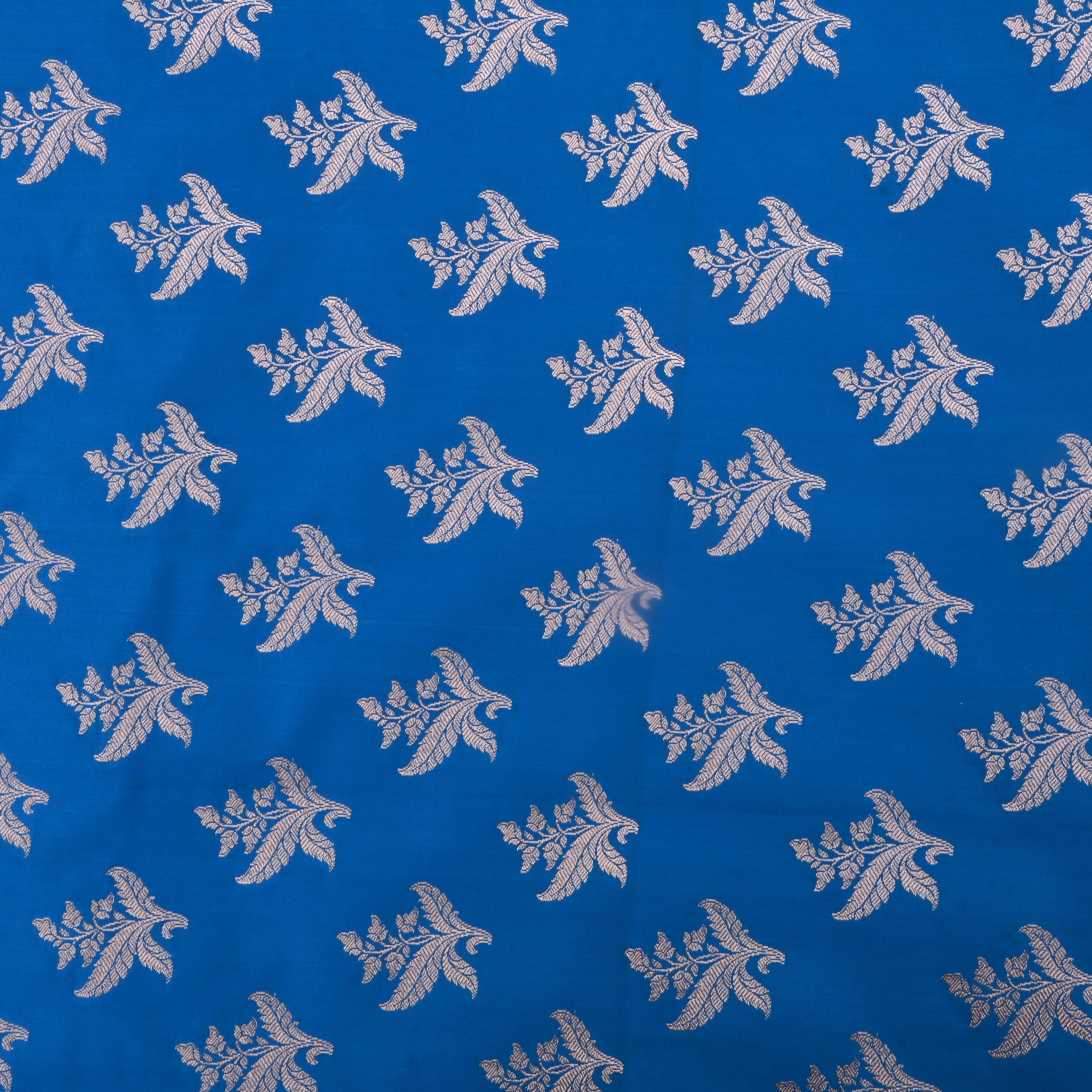 Blue Electric Blue Jamawar Satin Fabric With Floral Butti'S