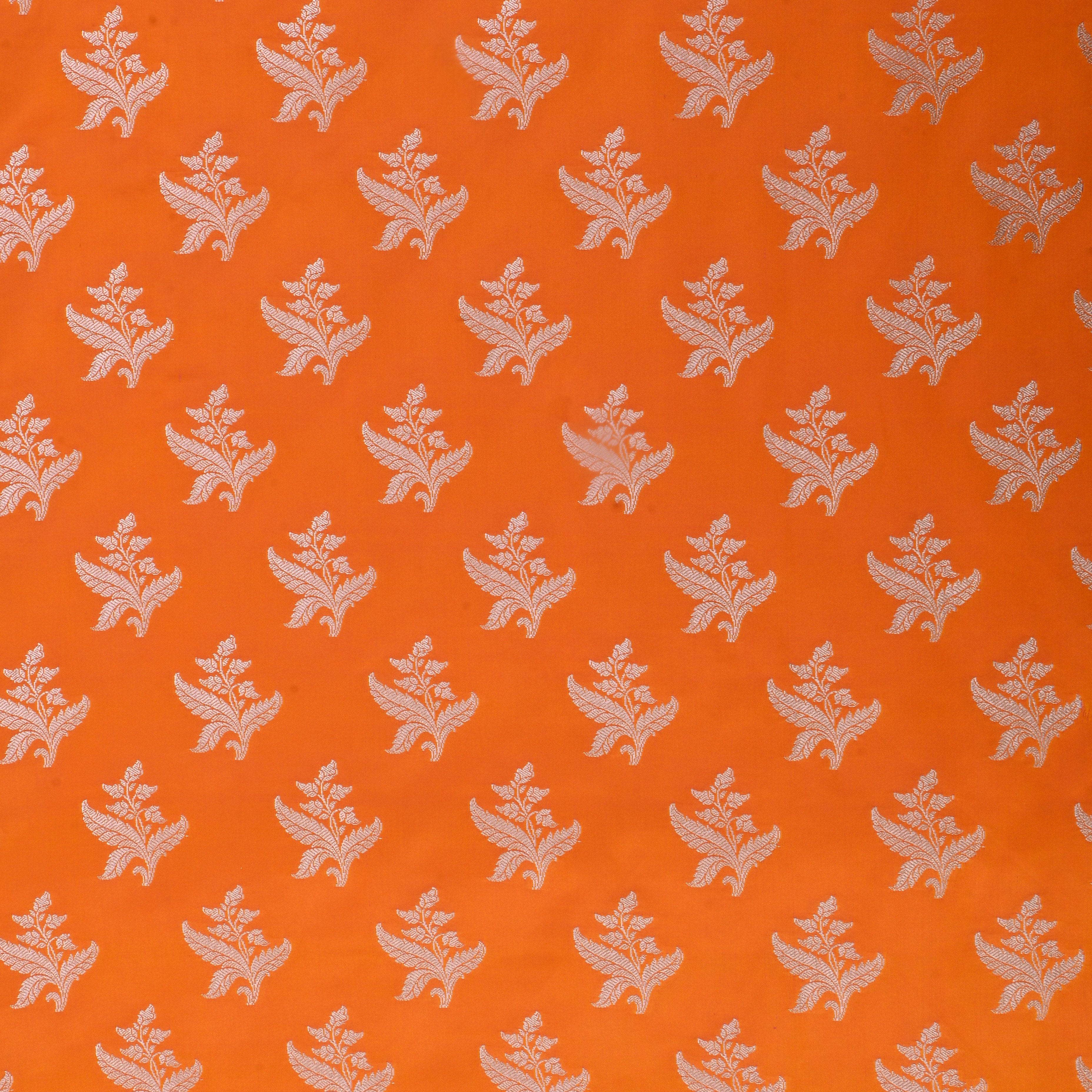 Papaya Orange Jamawar Satin Fabric With Floral Butti'S