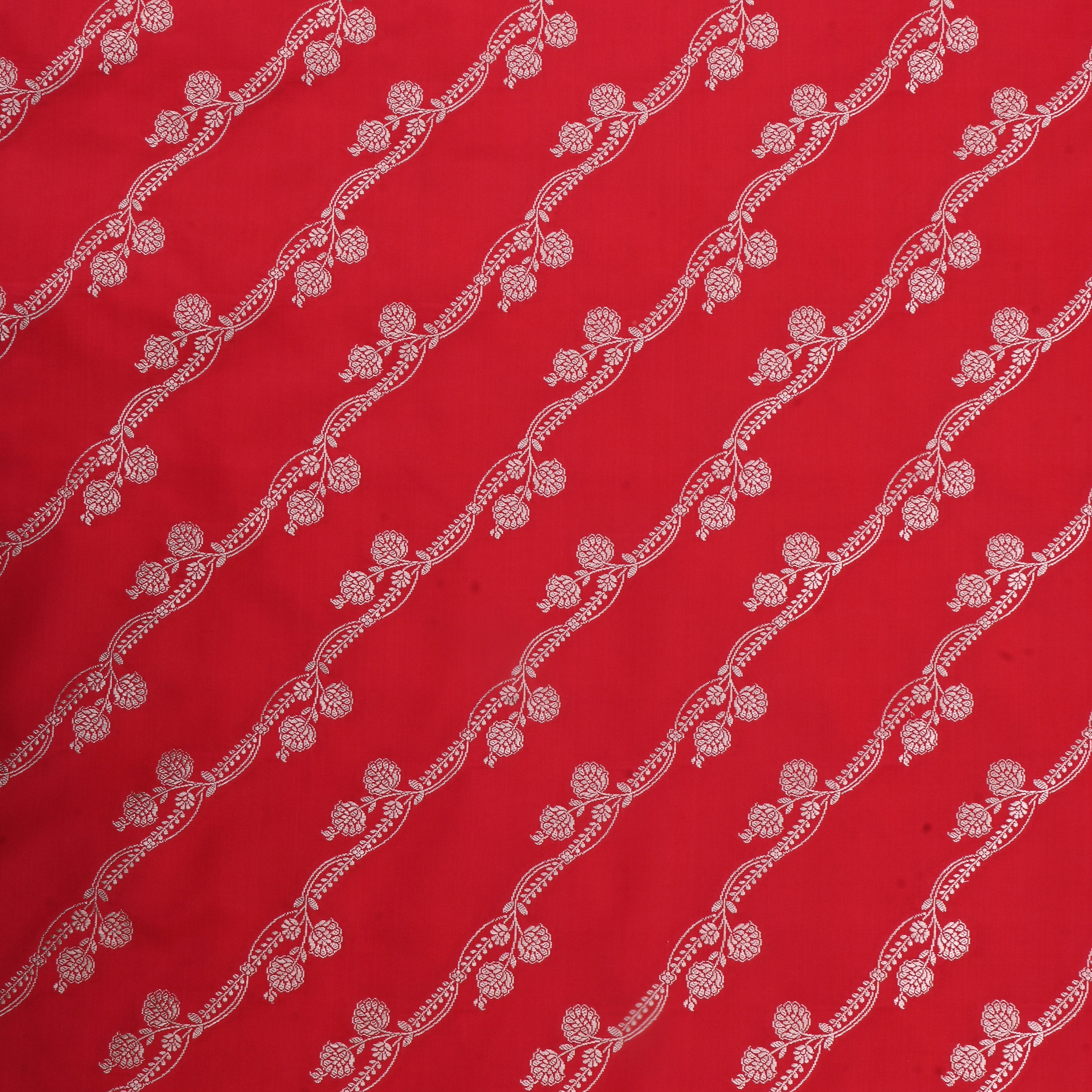Chili Red Jamawar Satin Fabric With Floral Stripes