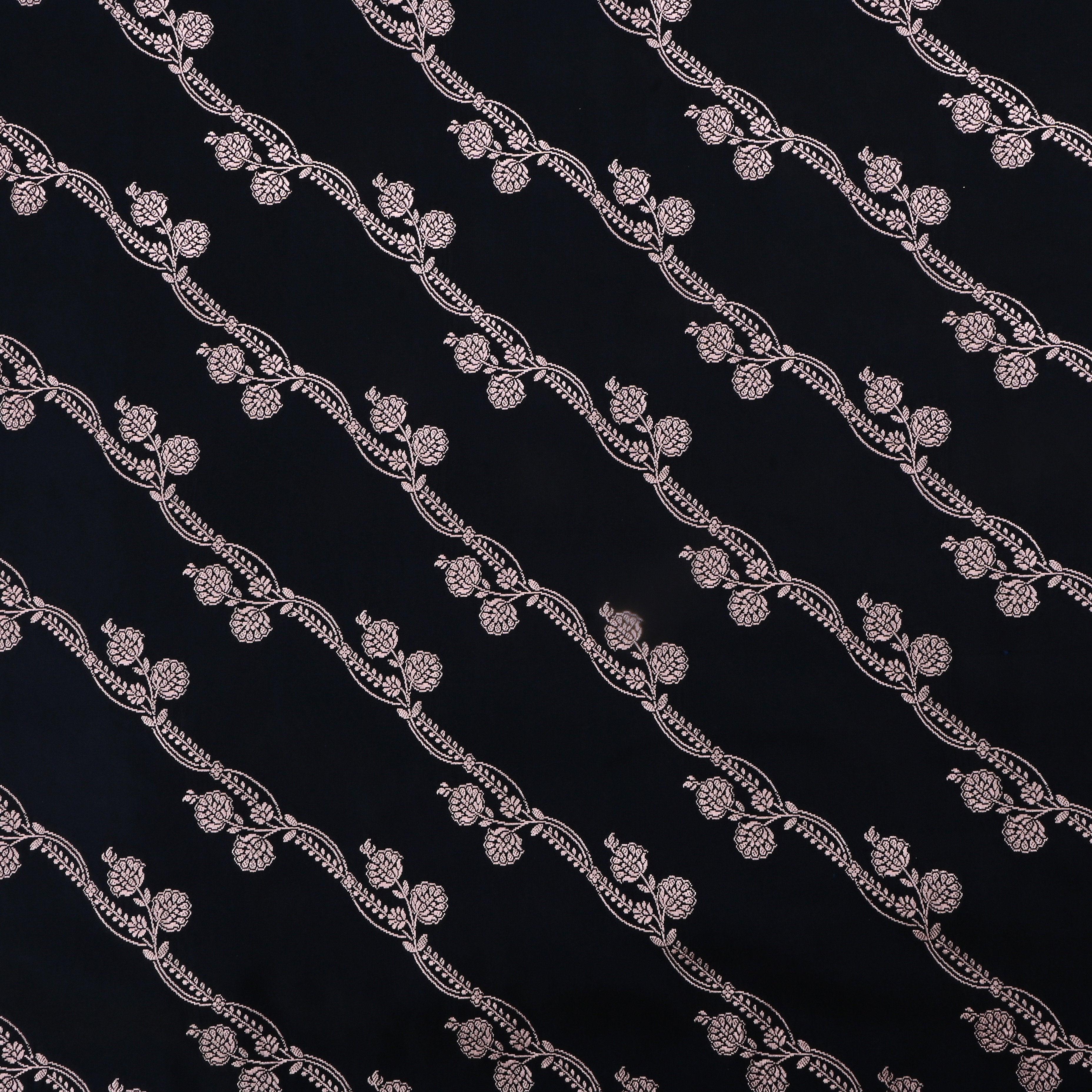 Black Jamawar Satin Fabric With Floral Stripes