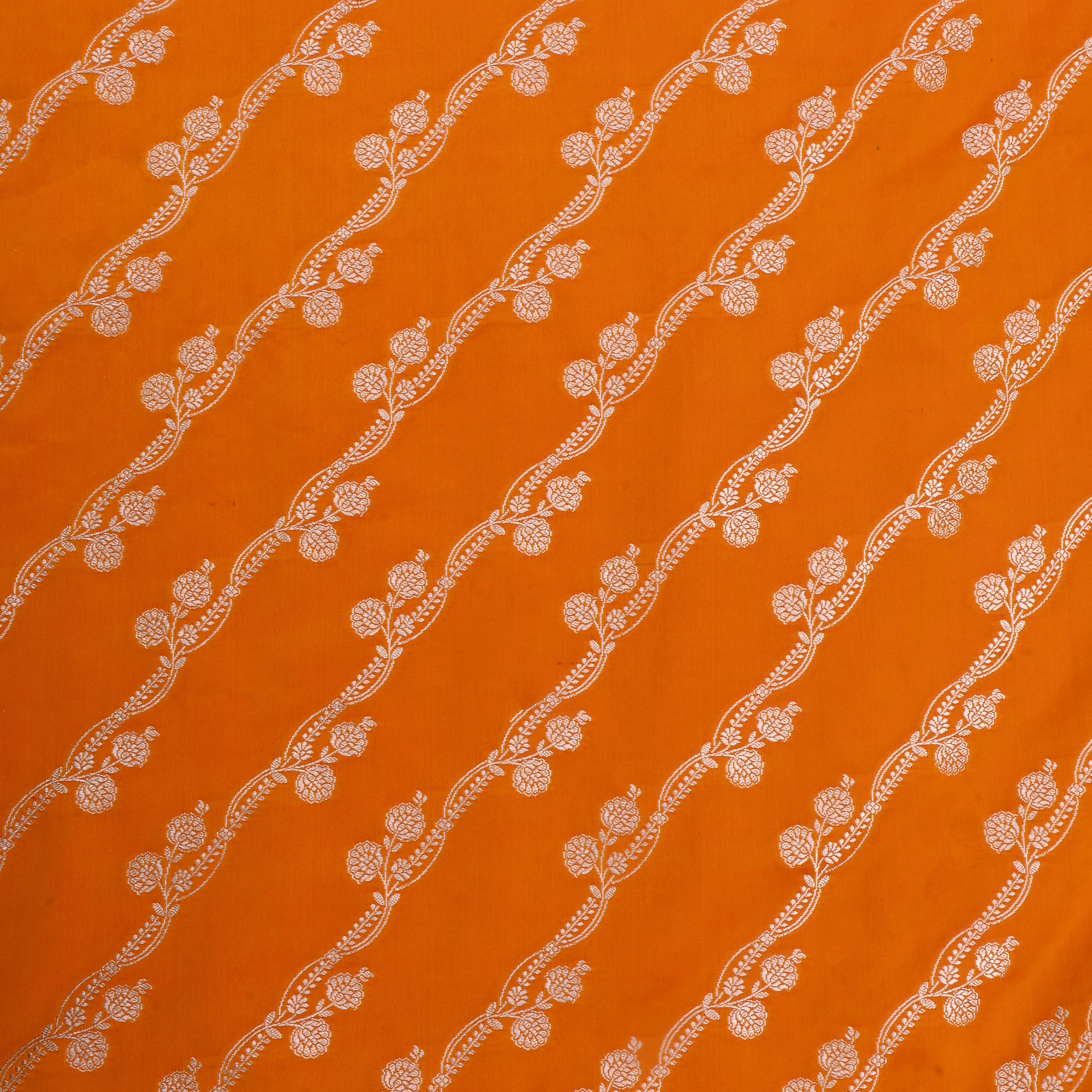 Bamboo Orange Jamawar Satin Fabric With Floral Stripes