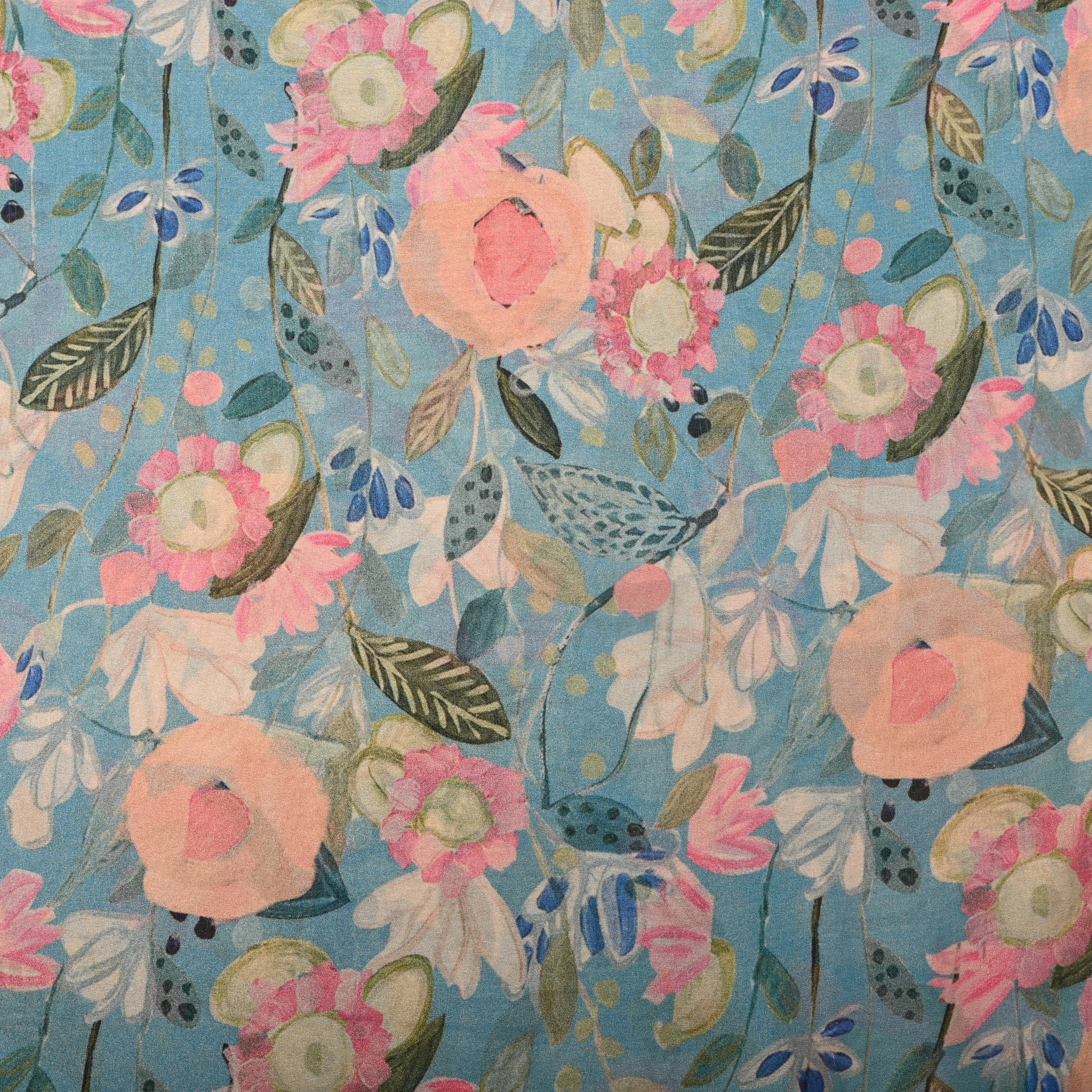 Baby Blue Tissue Fabric With Floral Prints