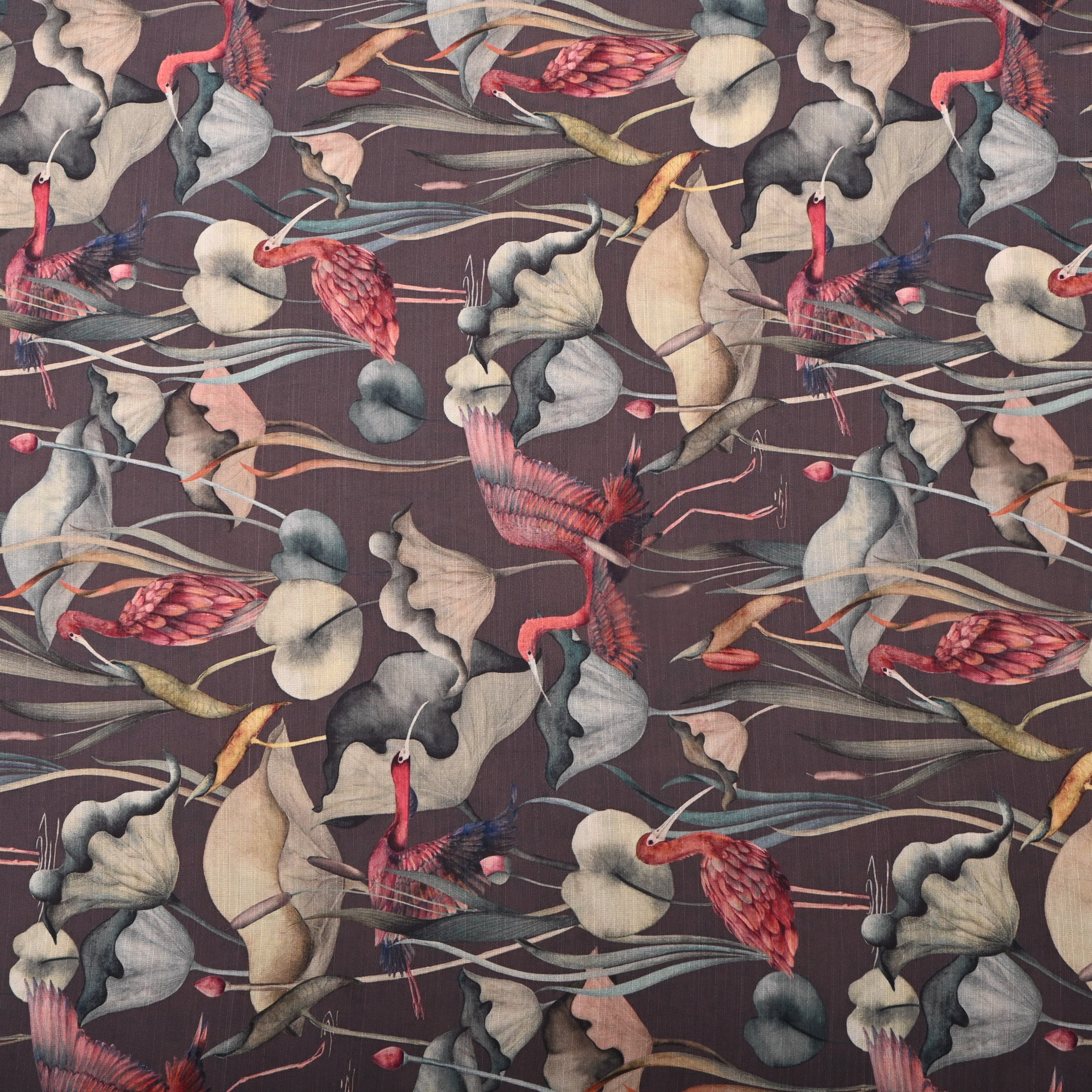 Wenge Brown Silk Fabric With Swan And Floral Prints