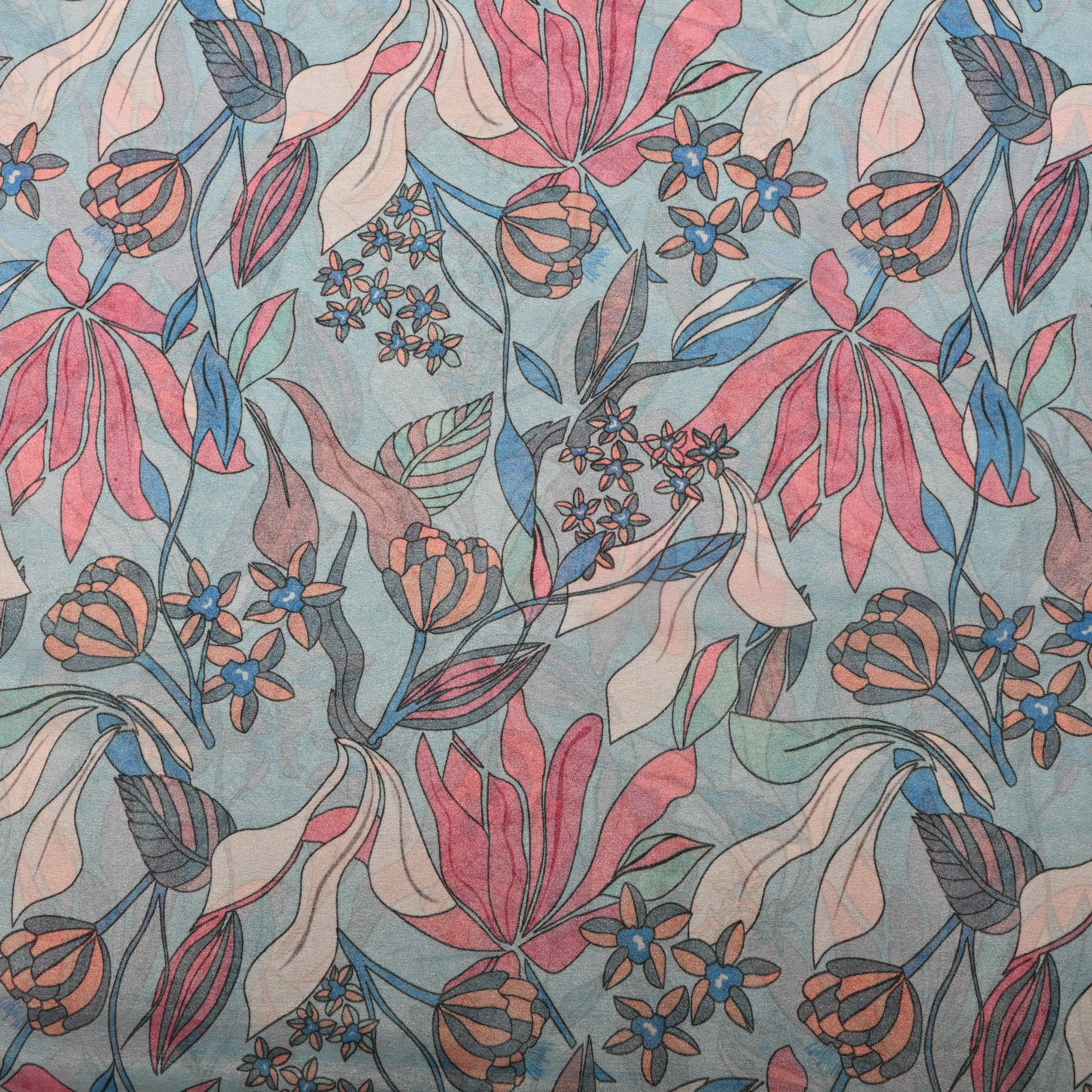 Blue Tissue Fabric With Floral Prints