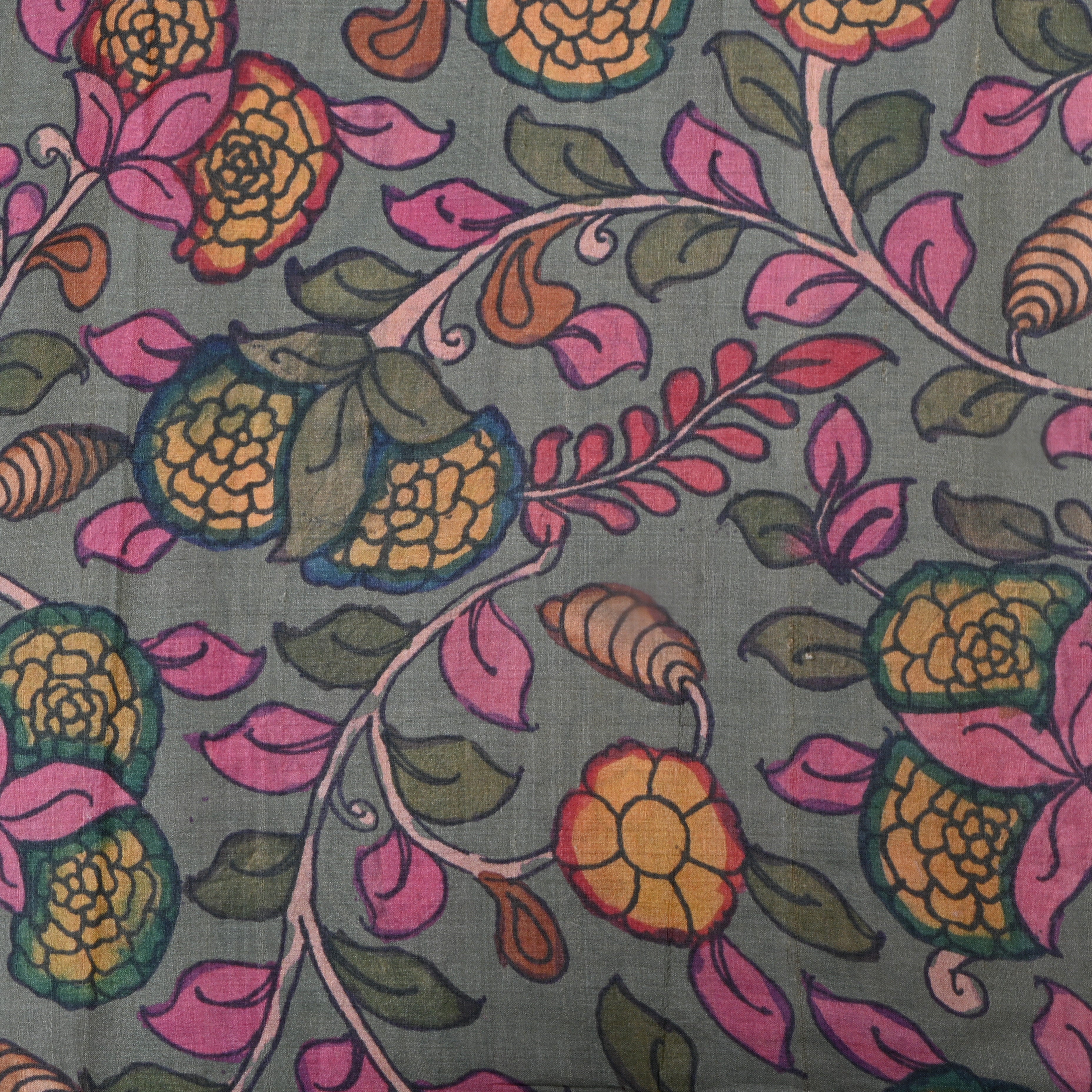 Battleship Gray Tussar Fabric With Digital Print