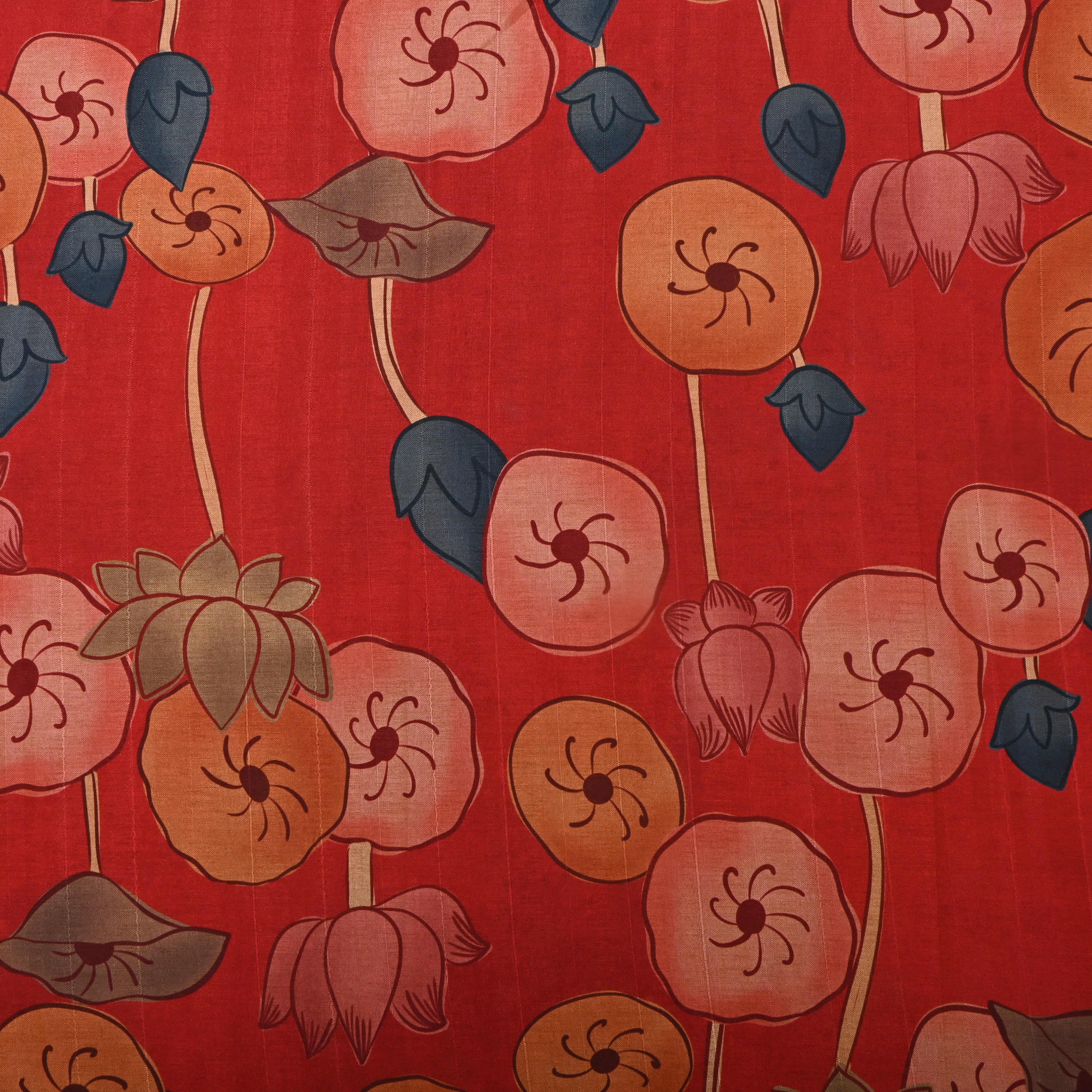 Dark Peach Floral Printed Tussar Fabric