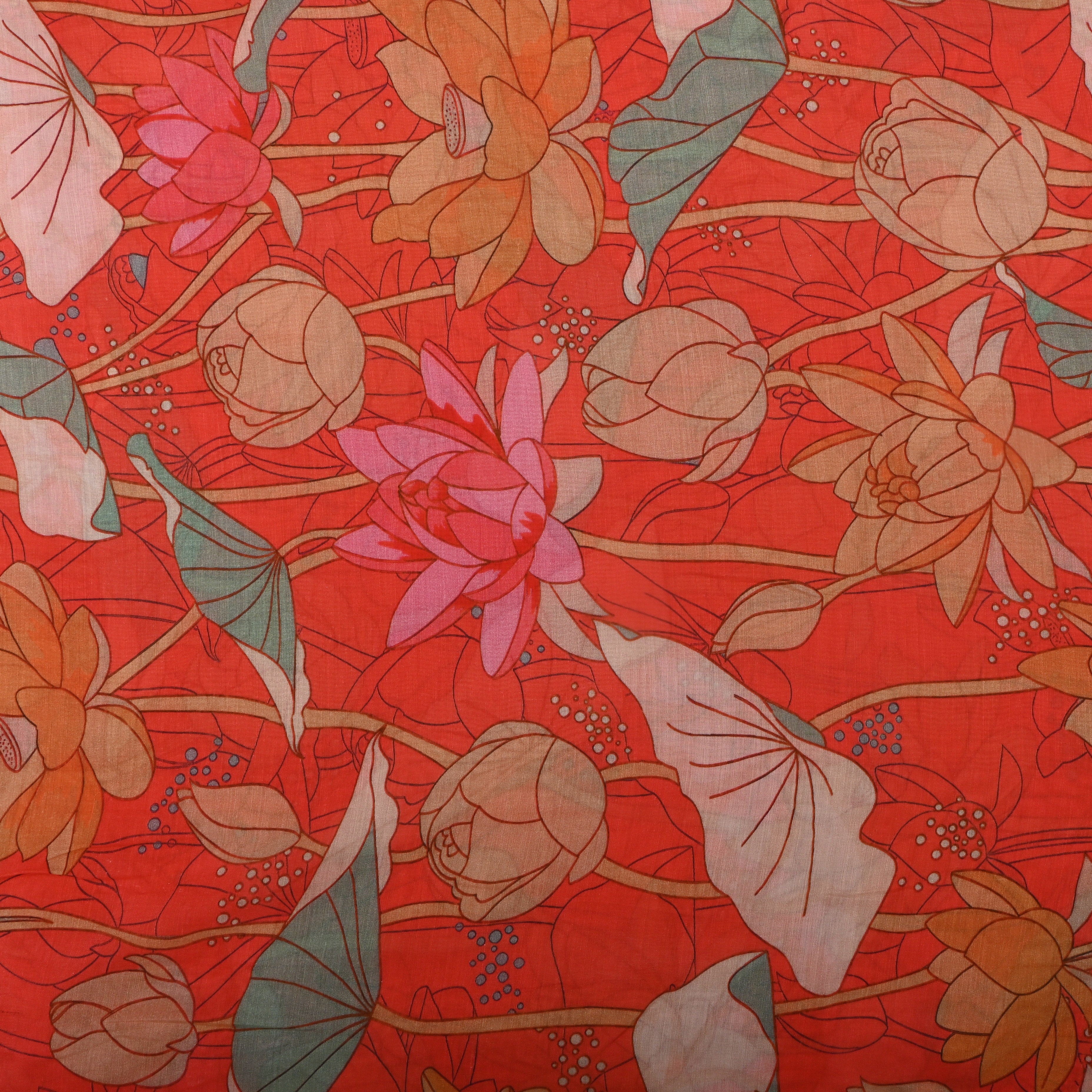 Hot Orange Silk Fabric With Floral Prints