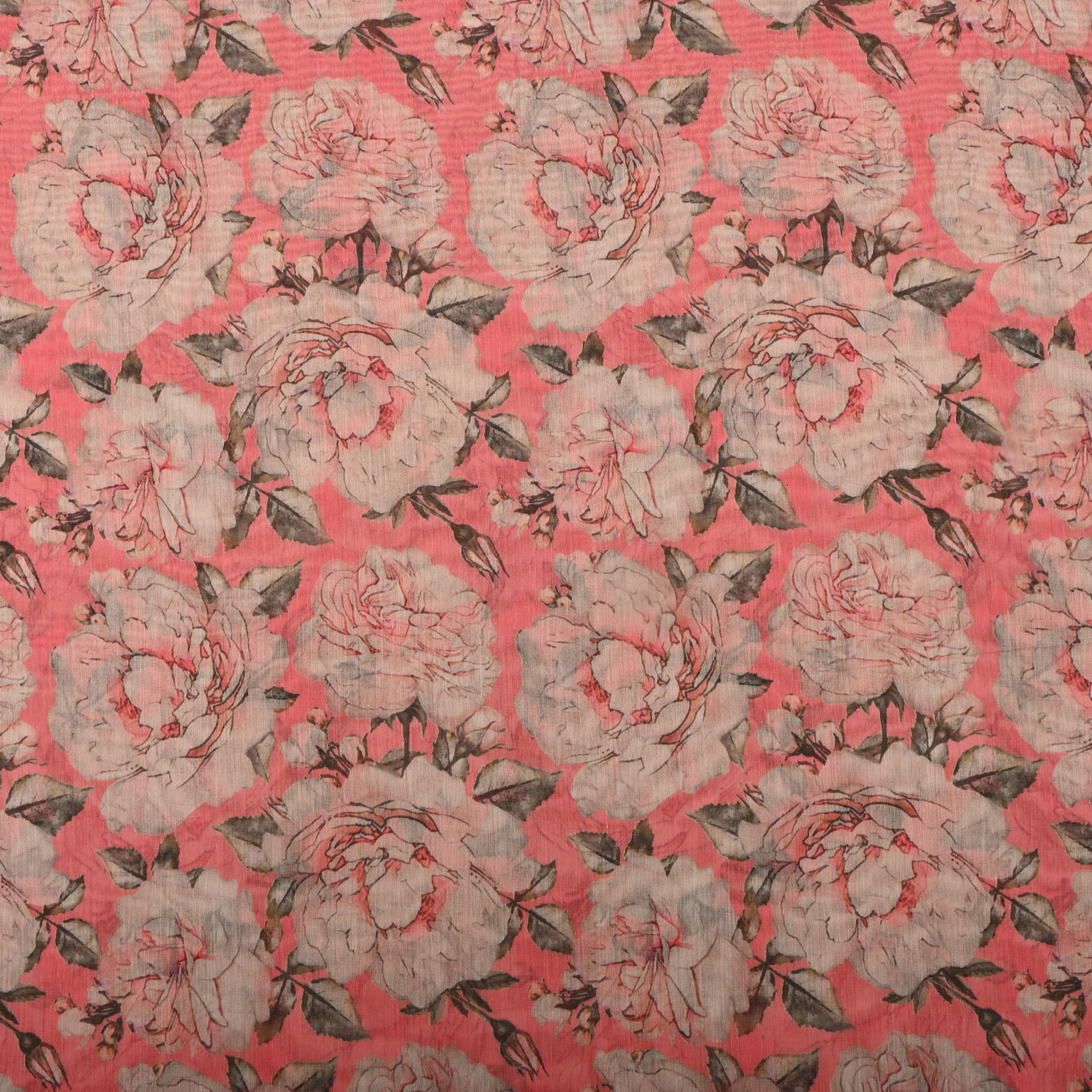 Light Coral Chanderi Fabric With Floral Prints