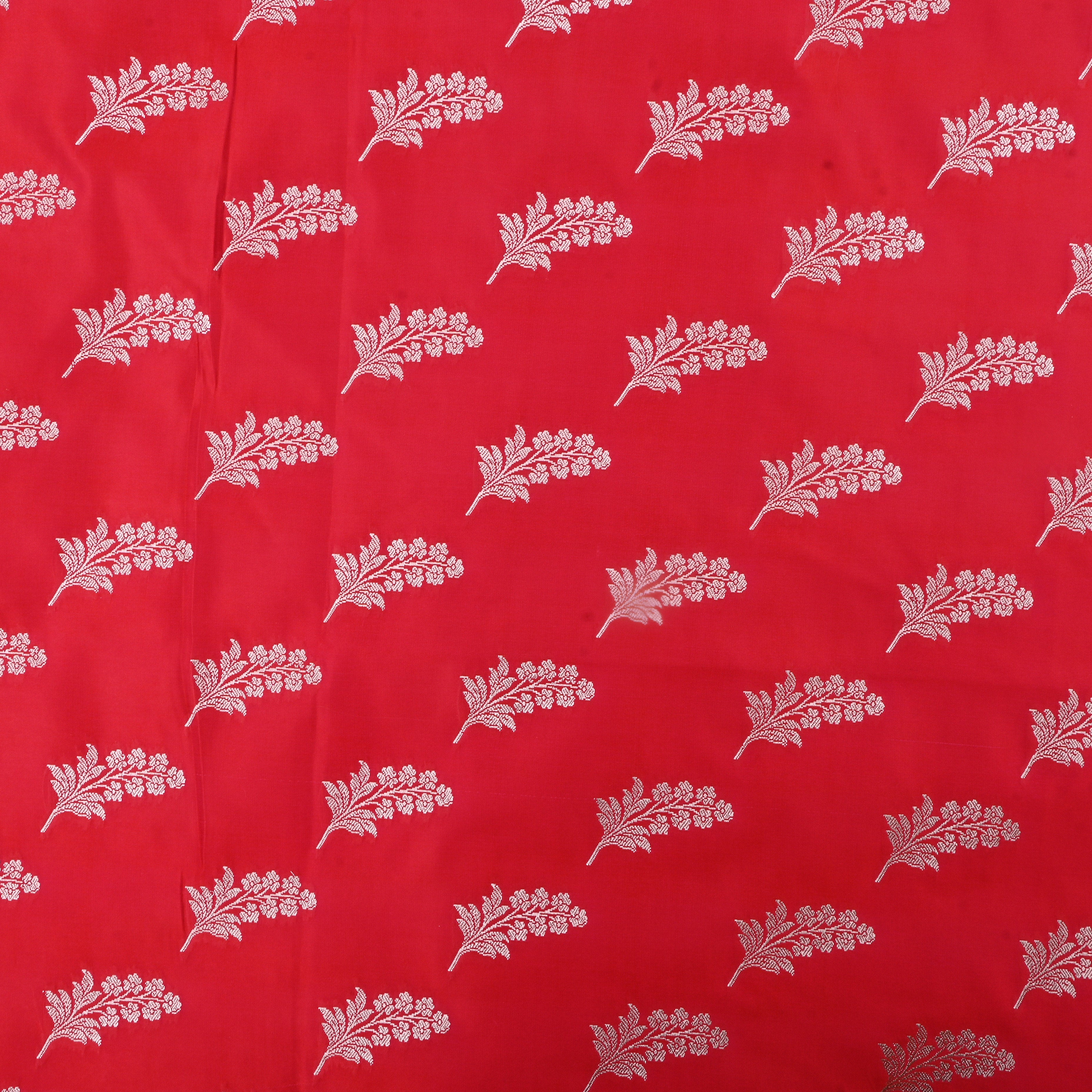 Lava Red Jamawar Satin Fabric With Floral Butti'S