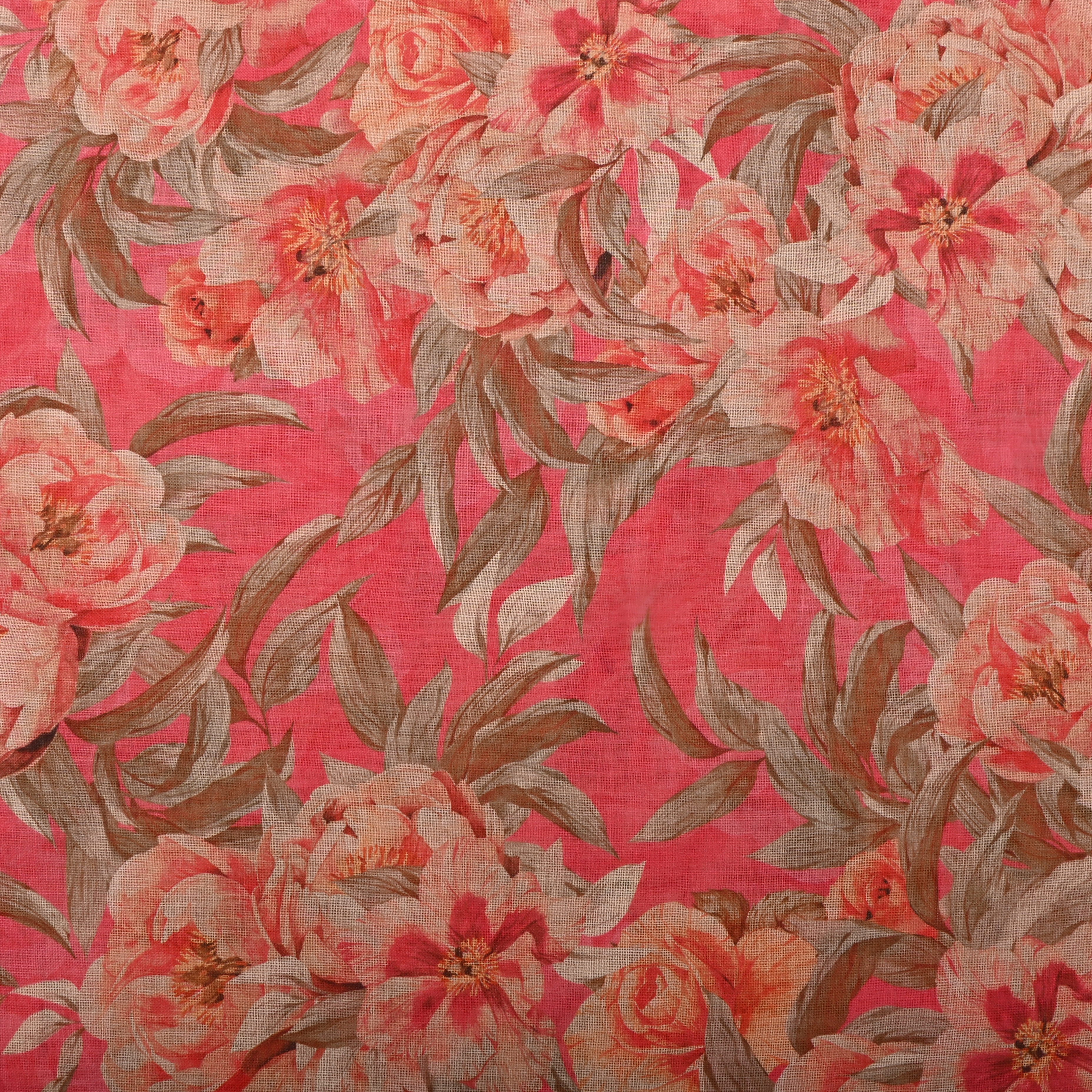 Rose Pink Floral Printed Linen Fabric