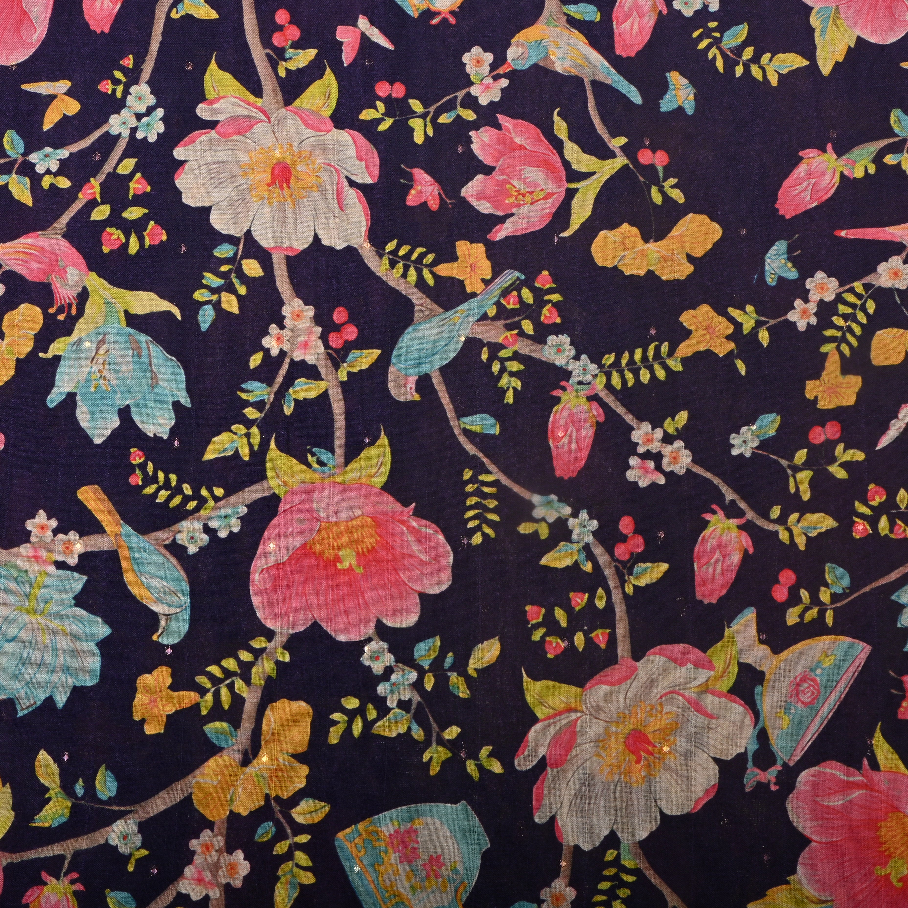 Deep Violet Tussar Fabric With Floral Prints