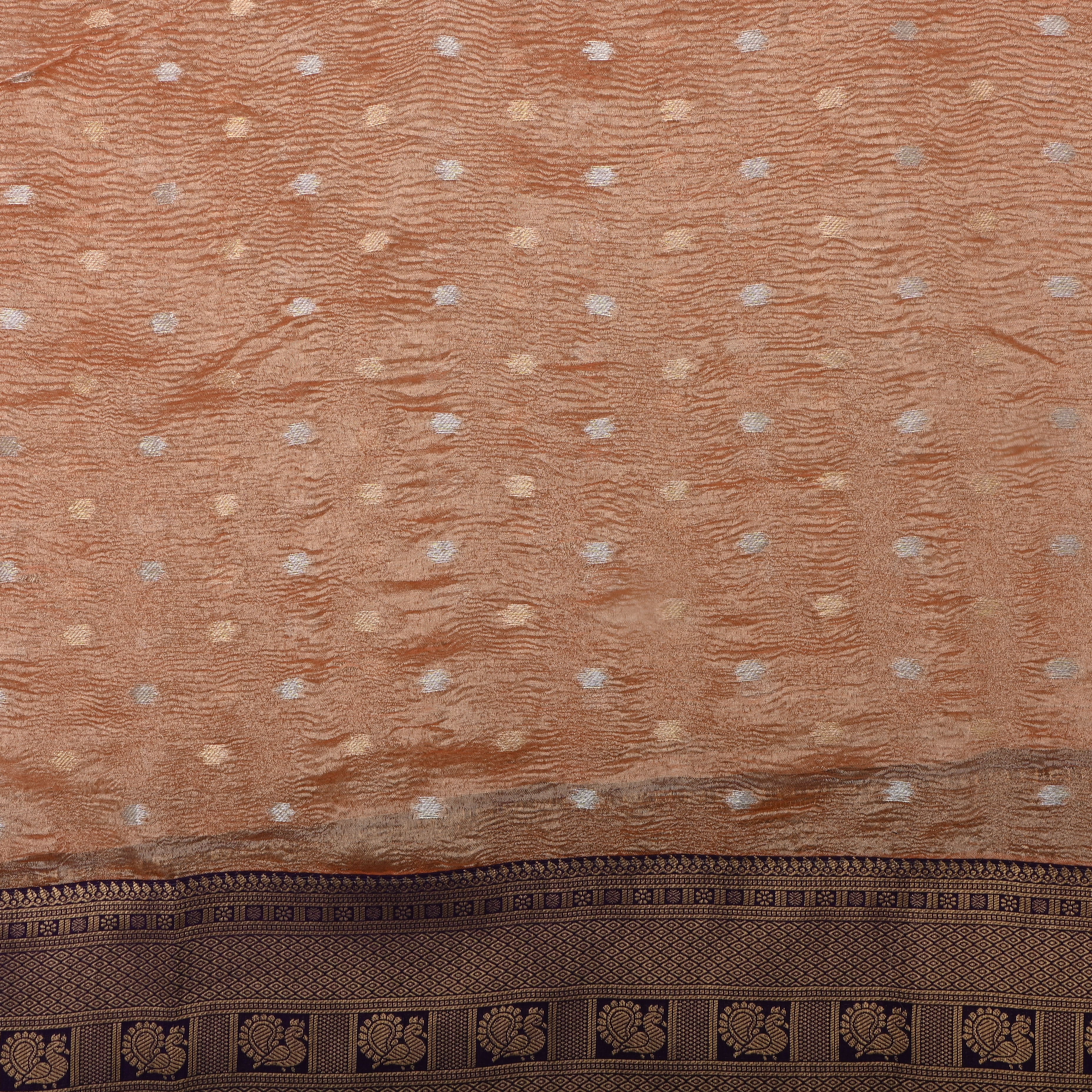 Peach Kanchi Zari Motifs Border Jamawar Tissue Fabric