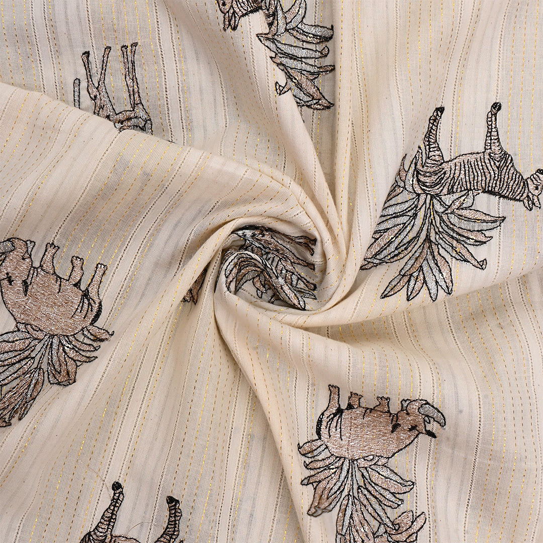 Off-White Cotton Embroidered Fabric With Zebra Motifs