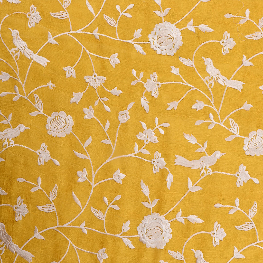 Vibrant Yellow Dupion Raw Silk Embroidered Fabric