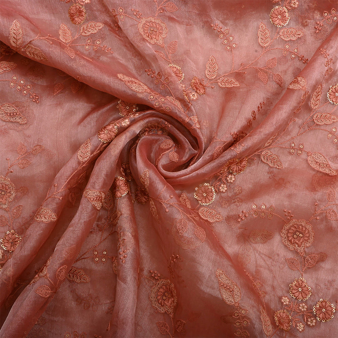 Brownish Pink Tissue Embroidered Fabric