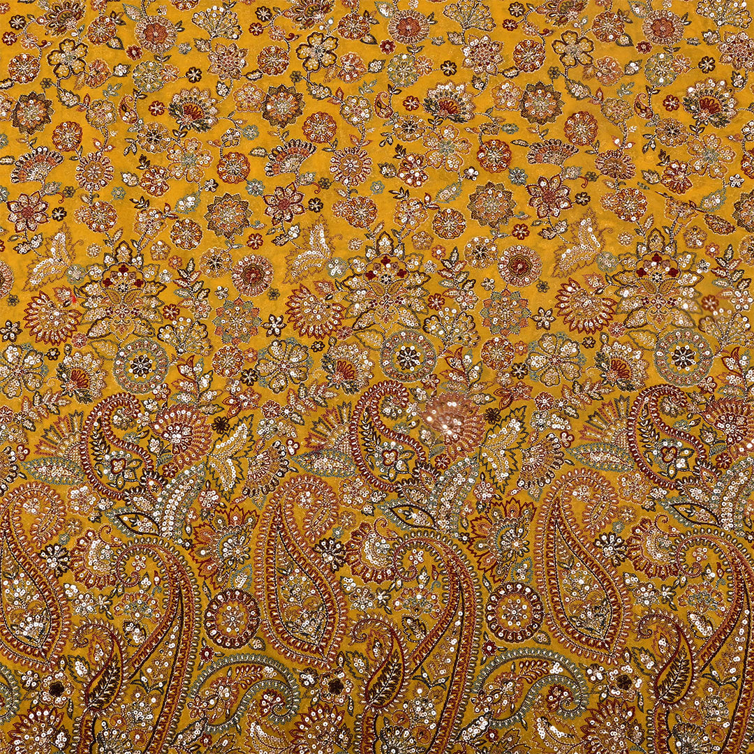 Mustard Yellow Georgette Embroidered Fabric