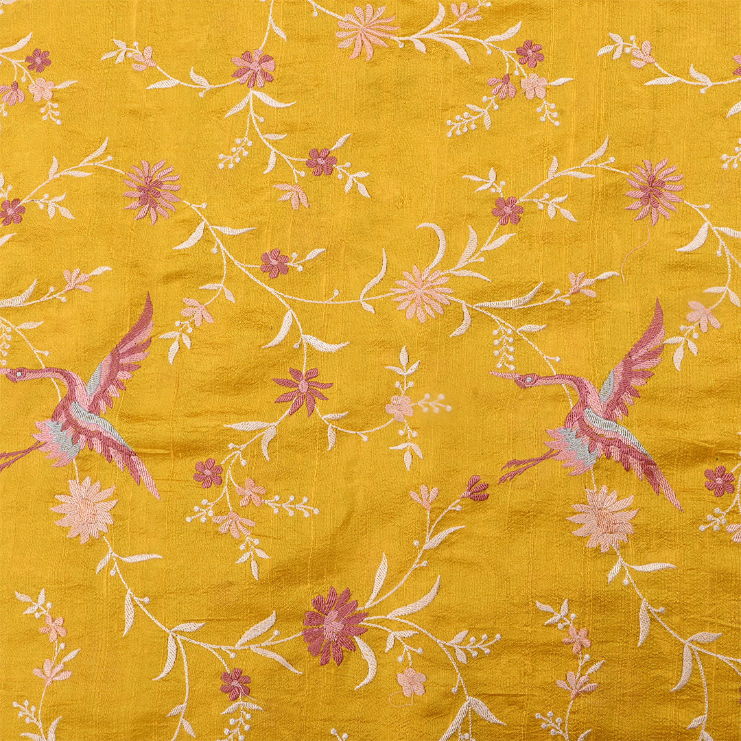 Bright Yellow Dupion Raw Silk Embroidered Fabric