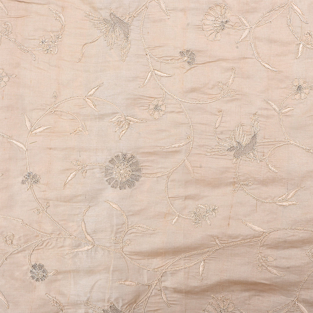 Off White Tussar Floral Embroidered Fabric